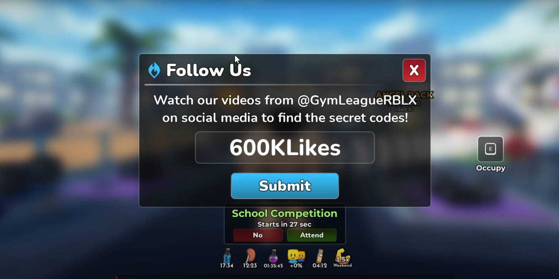 Текстовое поле для Roblox Gym League для ввода активных кодов