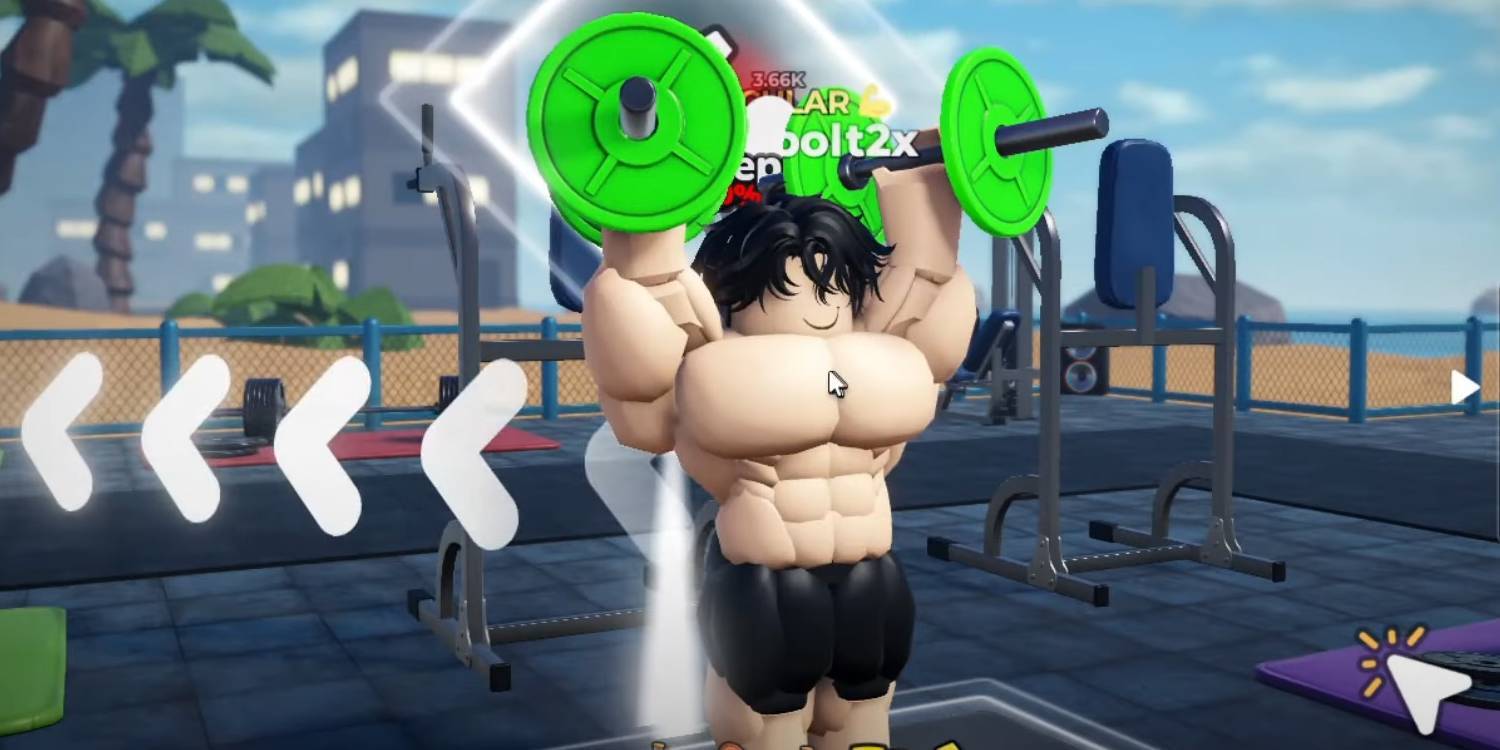 Персонаж Roblox Gym League, поднимающий вес, чтобы стать сильнее