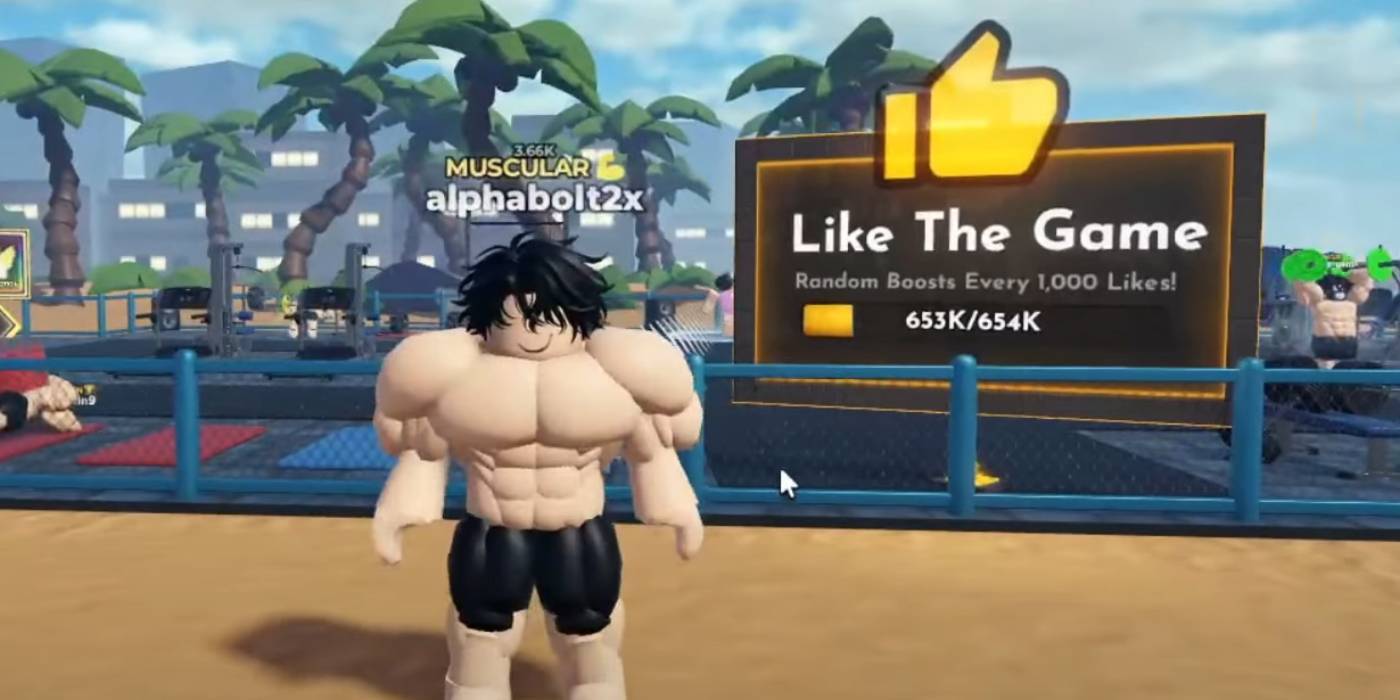 Игра Roblox Gym League с персонажем и билбордом, показывающим цель по получению лайков