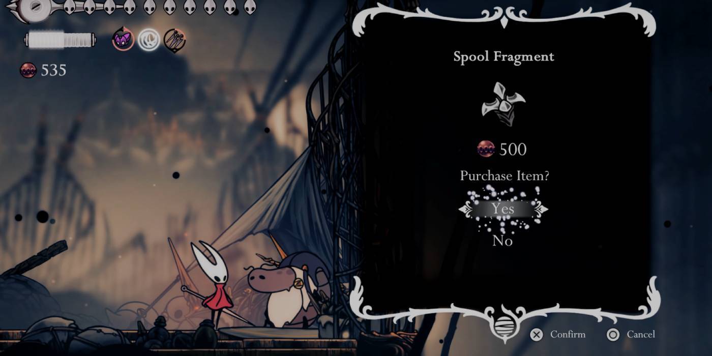 Улучшенный предмет Spool Fragment из Hollow Knight Silksong, купленный у торговца Jubilana
