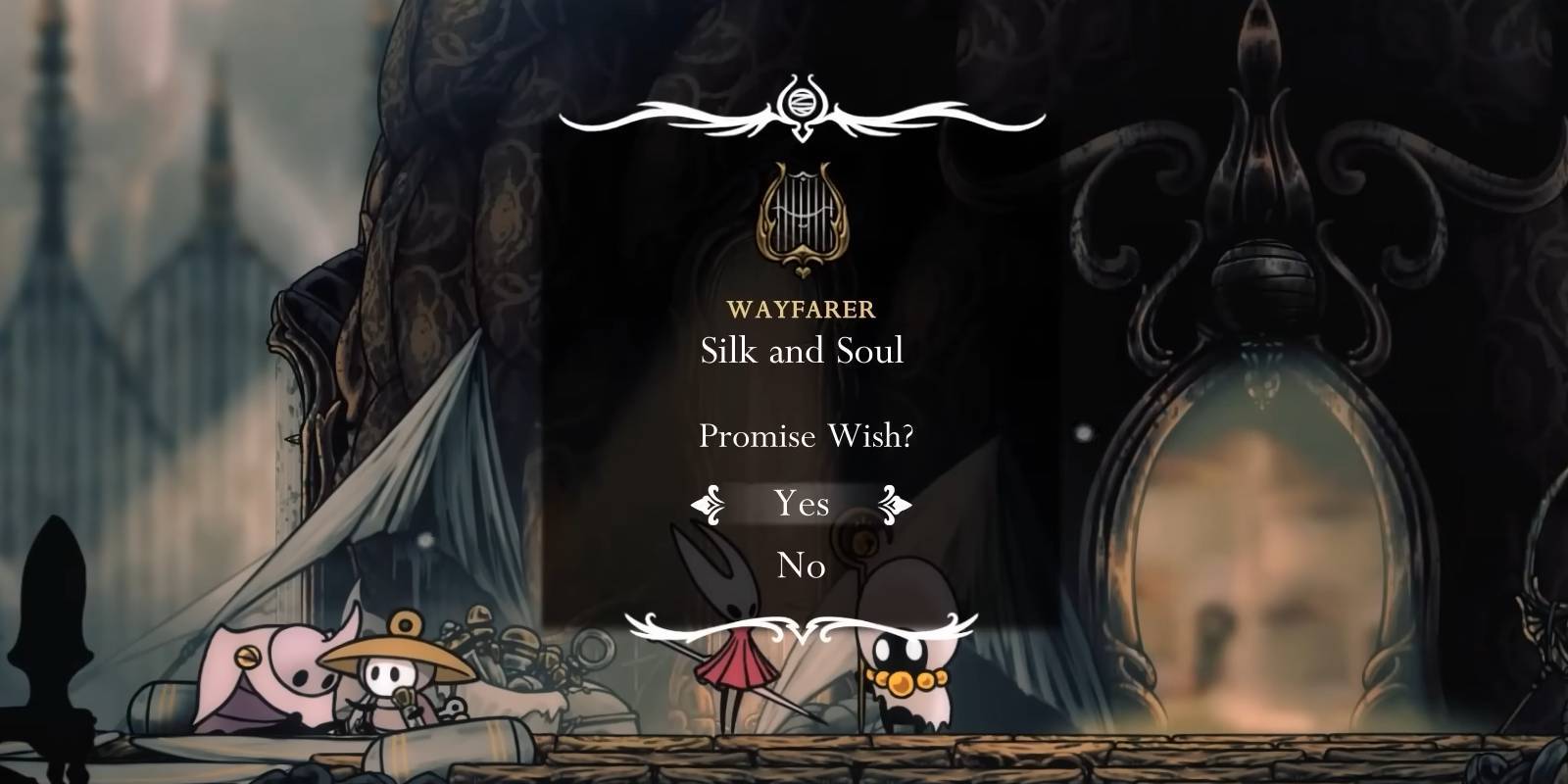 Hollow Knight Silksong, предлагающий Wayfarer Wish "Silk and Soul" персонажу Caretaker