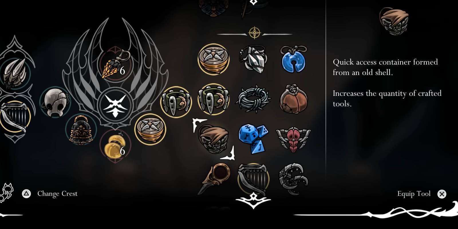 Инструмент "Shell Satchel" из Hollow Knight Silksong в инвентаре