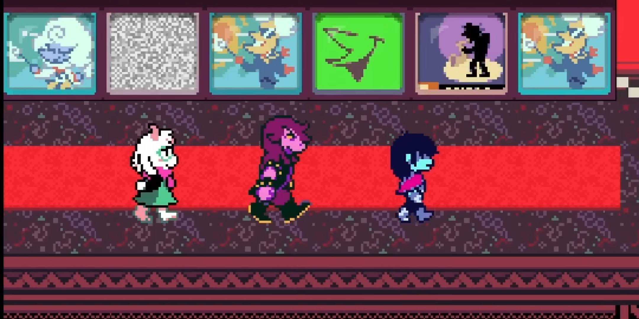 Kris, Susie, and Ralsei moving through hall of TVs to try and find Egg secret item