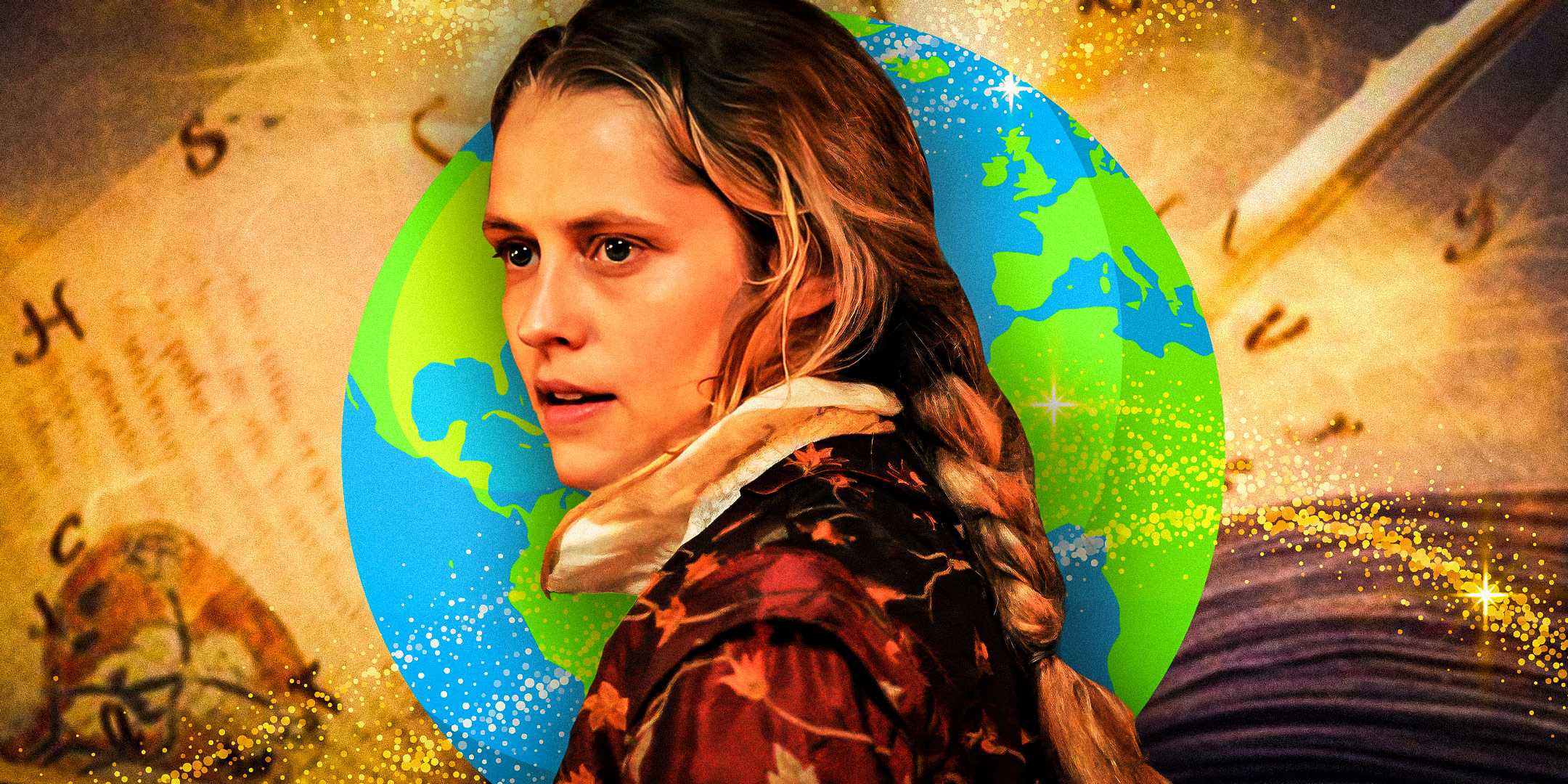 Вырез Дианы Бишоп в A Discovery Of Witches на фоне выреза Земли и золотого фона с блестками.