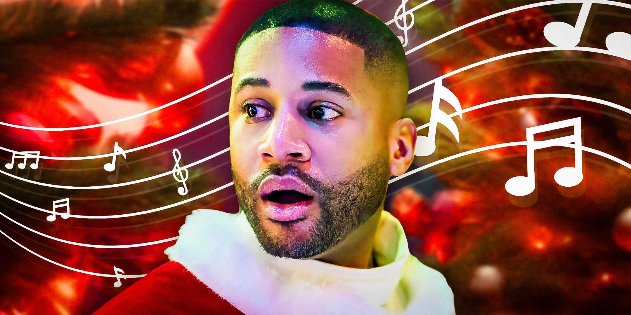 Тедди из фильма "Встретимся на Рождество" одет как Санта и стоит перед нотами.