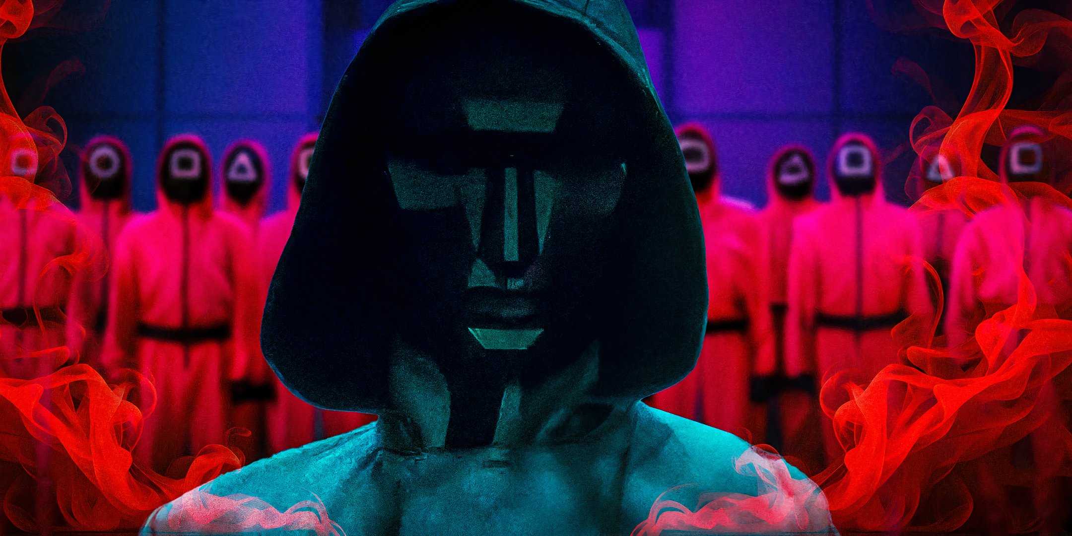 Лицо в черной маске и капюшоне в Squid Game сезон 2 с "Маскированными мужчинами" в розовых комбинезонах на заднем плане