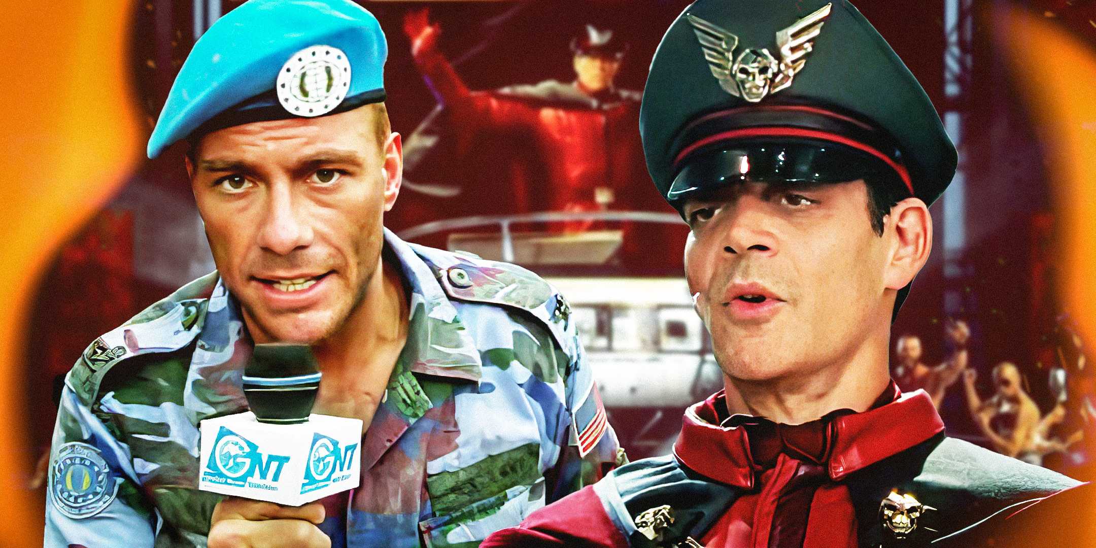 Жан-Клод Ван Дамм в роли Гайла и Рауль Хулия в роли Бисона в фильме "Street Fighter"