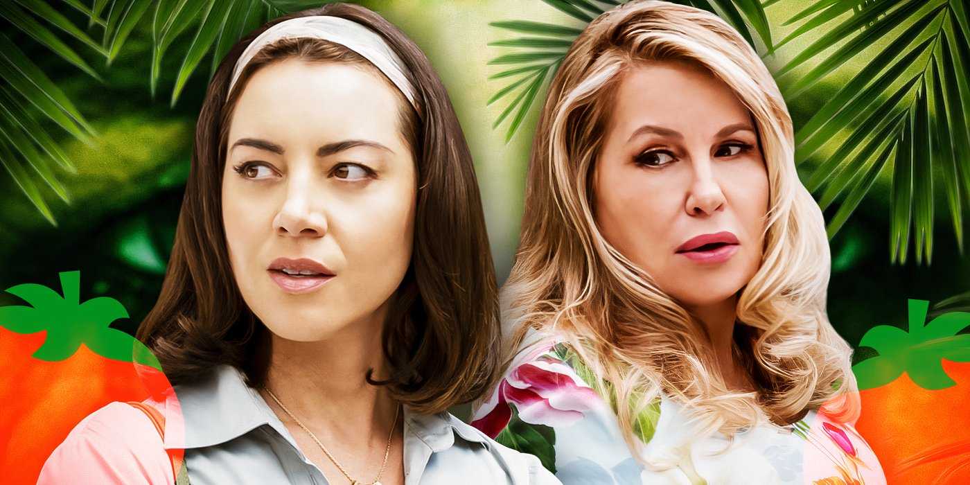 Два персонажа из The White Lotus перед логотипом Rotten Tomatoes