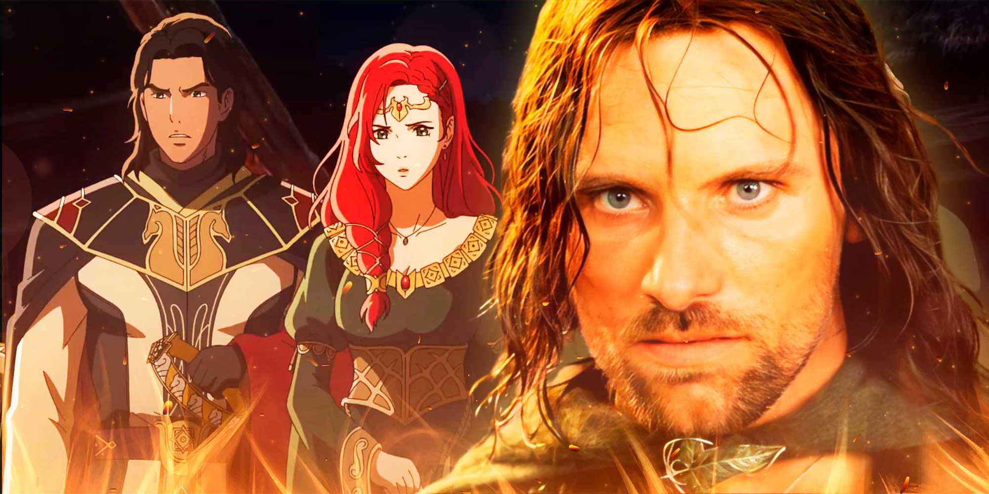 Изображение из *War of the Rohirrim* с Арагорном из *The Two Towers*