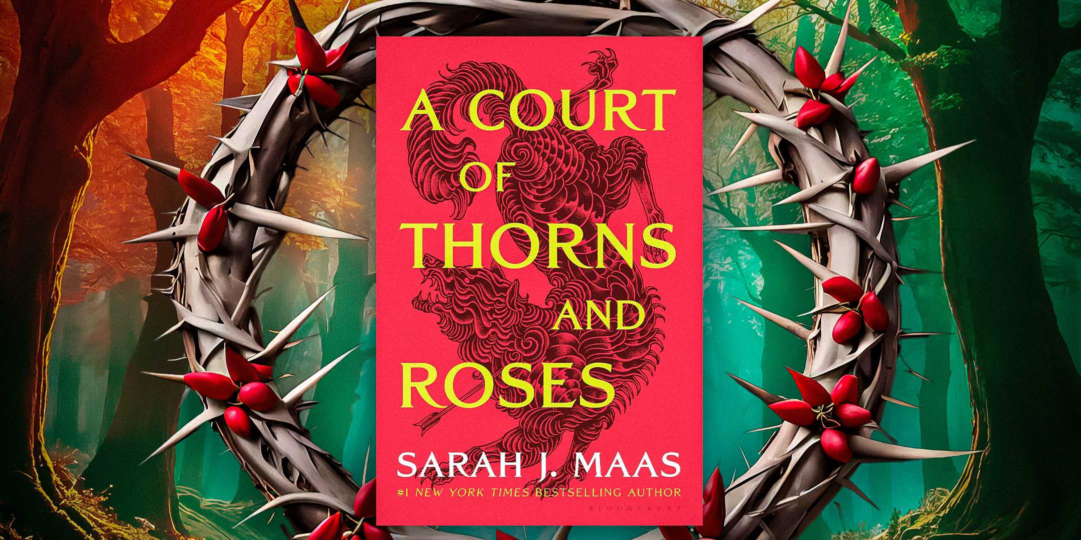 Обложка книги "A Court Of Thorns & Roses" с кольцом из шипов на оранжевом и бирюзовом фоне. 