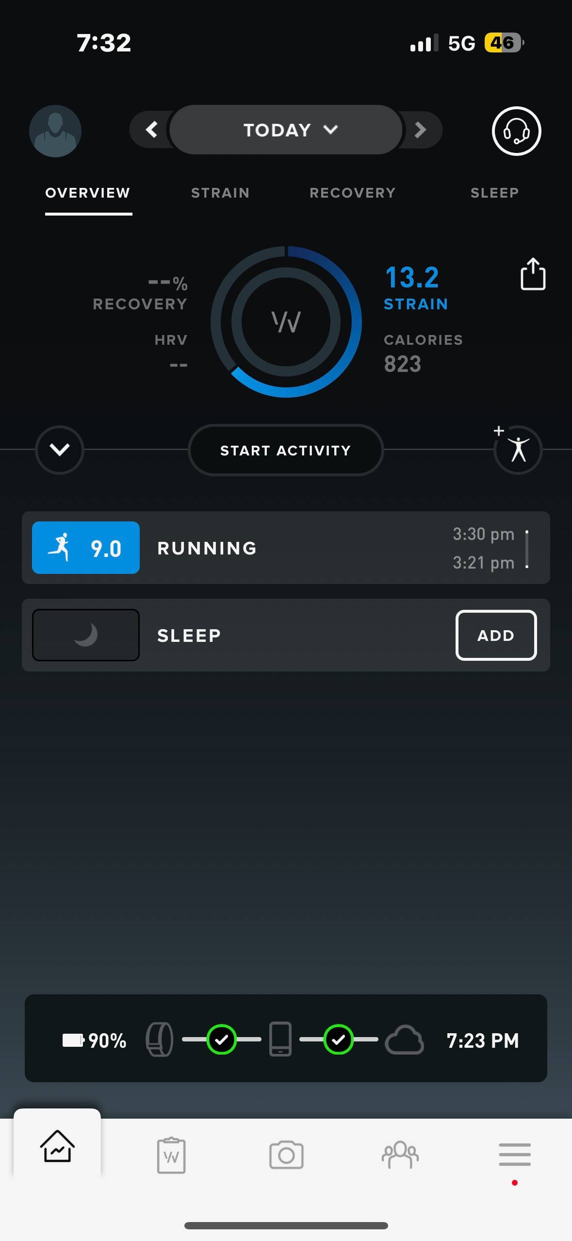 Приложение Whoop, показывающее день с беговой тренировкой, вызывающий нагрузку в 13,2 единиц в день.