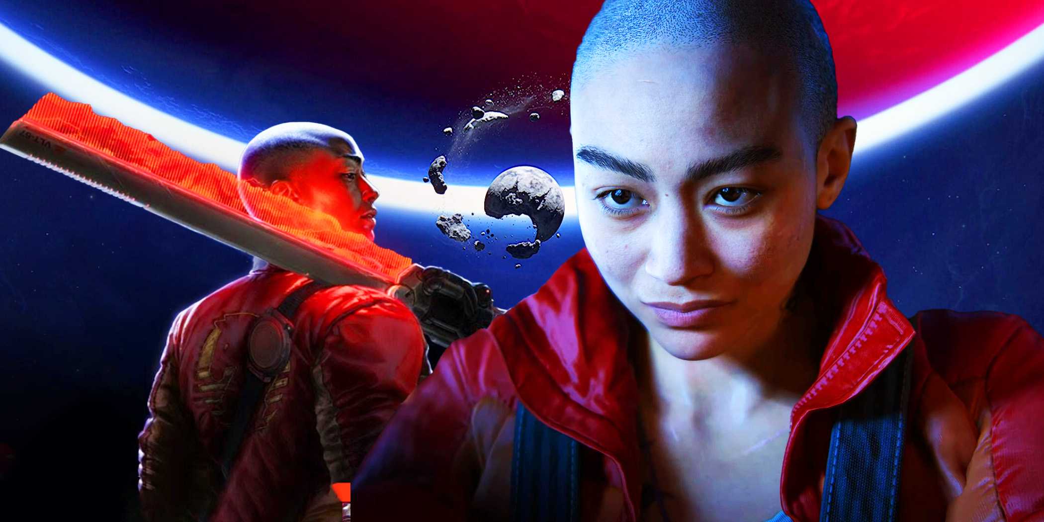 Два изображения Джордана из Intergalactic: The Heretic Prophet перед красной планетой и ее разрушенным спутником.