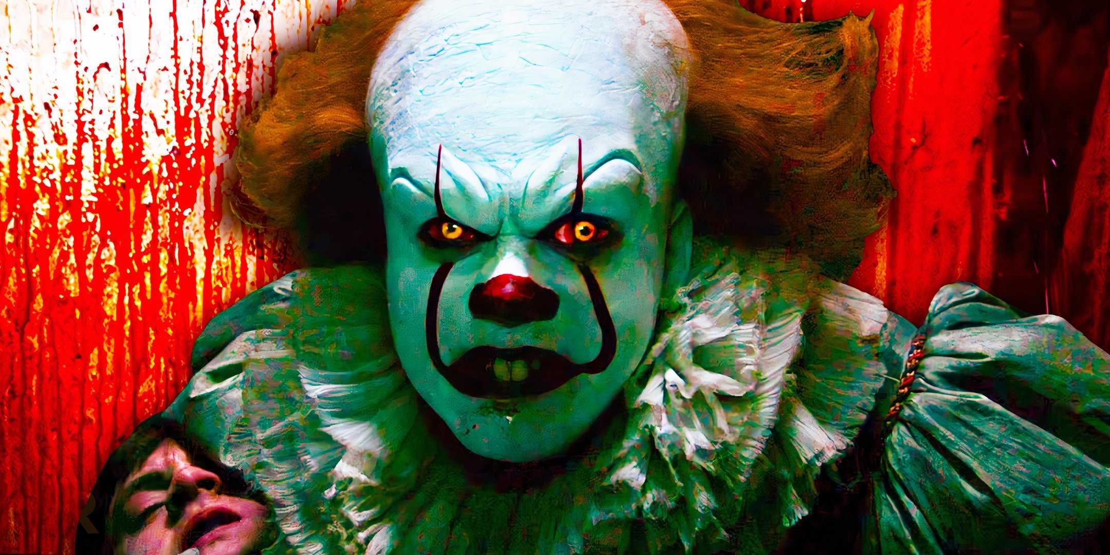 Пеннивайз из "It: Chapter One" стоит перед кровавым фоном.