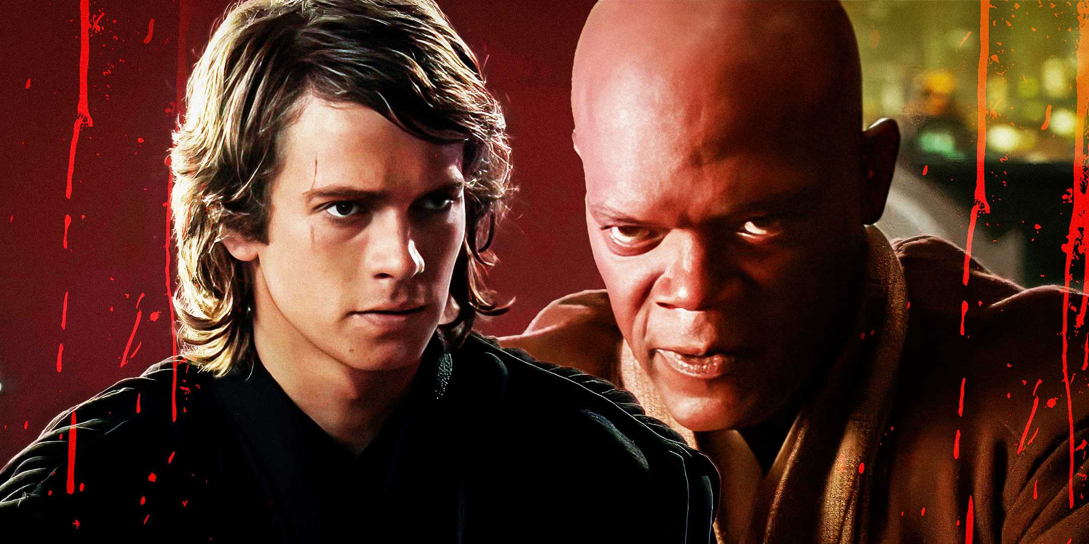 Анакин Скайуокер в "Мести ситха" слева и Мейс Винду в "Мести ситха" справа на фоне красного