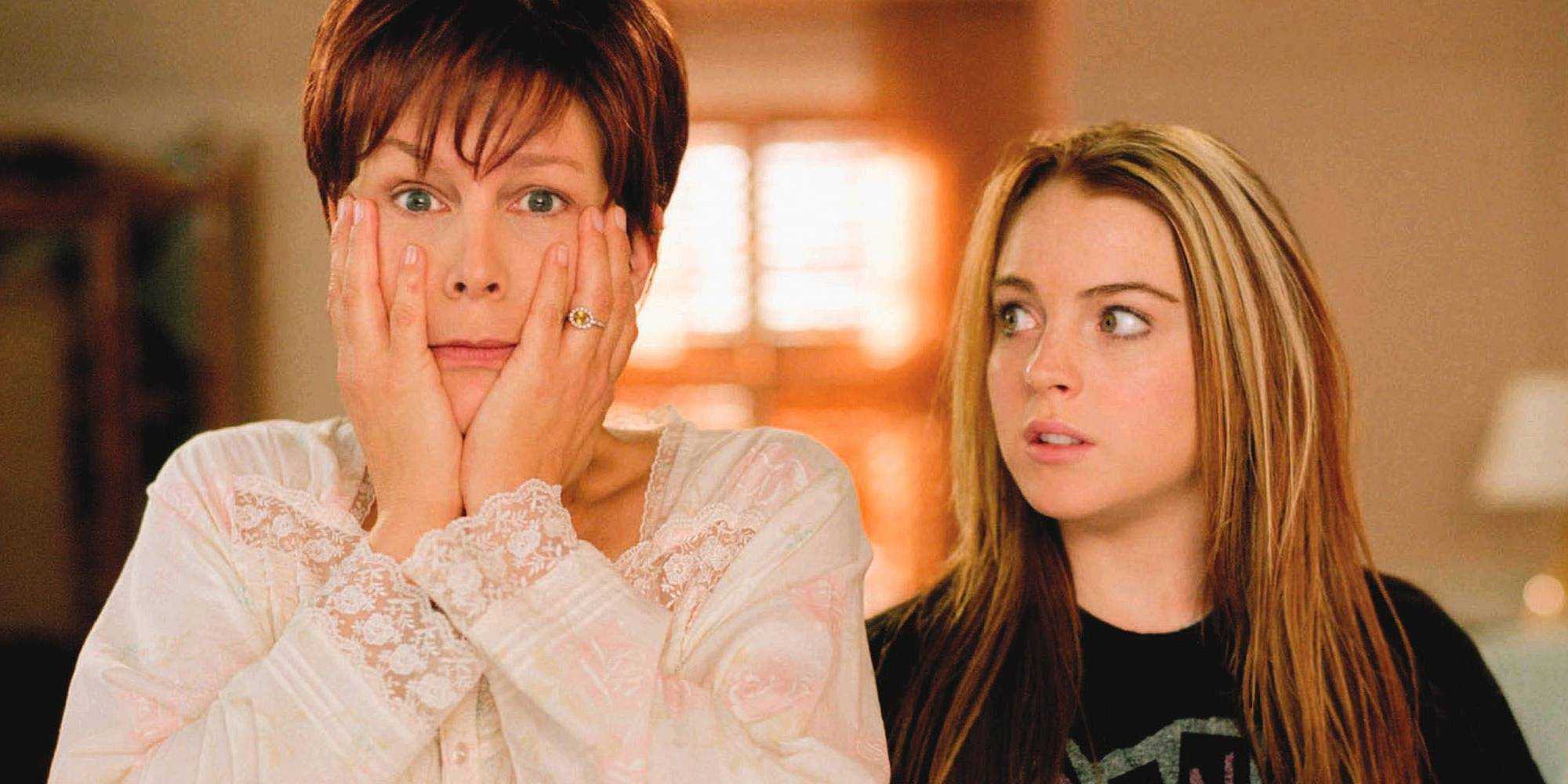 Джейми Ли Кёртис в роли Тэсс и Линзи Лохан в роли Энны в фильме "Freaky Friday" 2003 года, смотрящие друг на друга