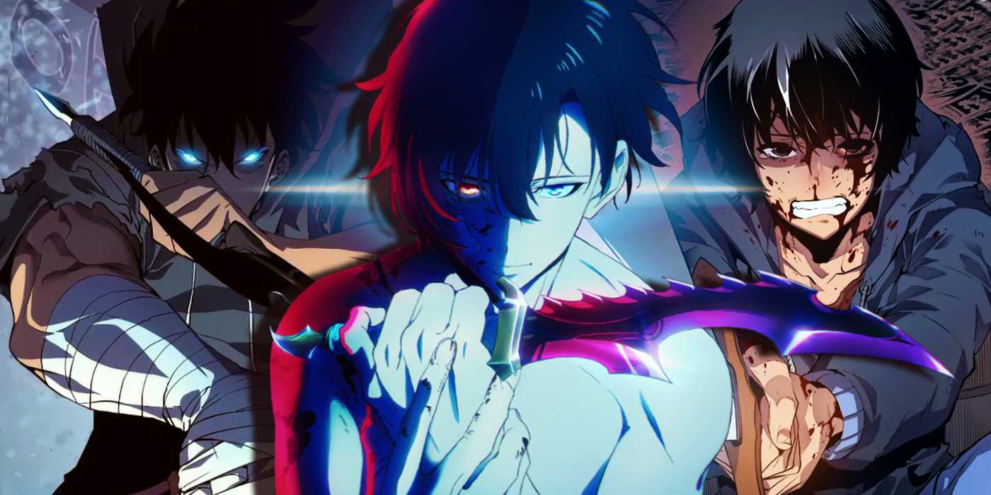 Джинву, как показано в манге, с двумя клинками слева, Джинву с клинком Касаки из ключевого визуального материала аниме в центре и Джинву, израненного, измученного и испуганного, в двойной подземелье справа в "Solo Leveling"