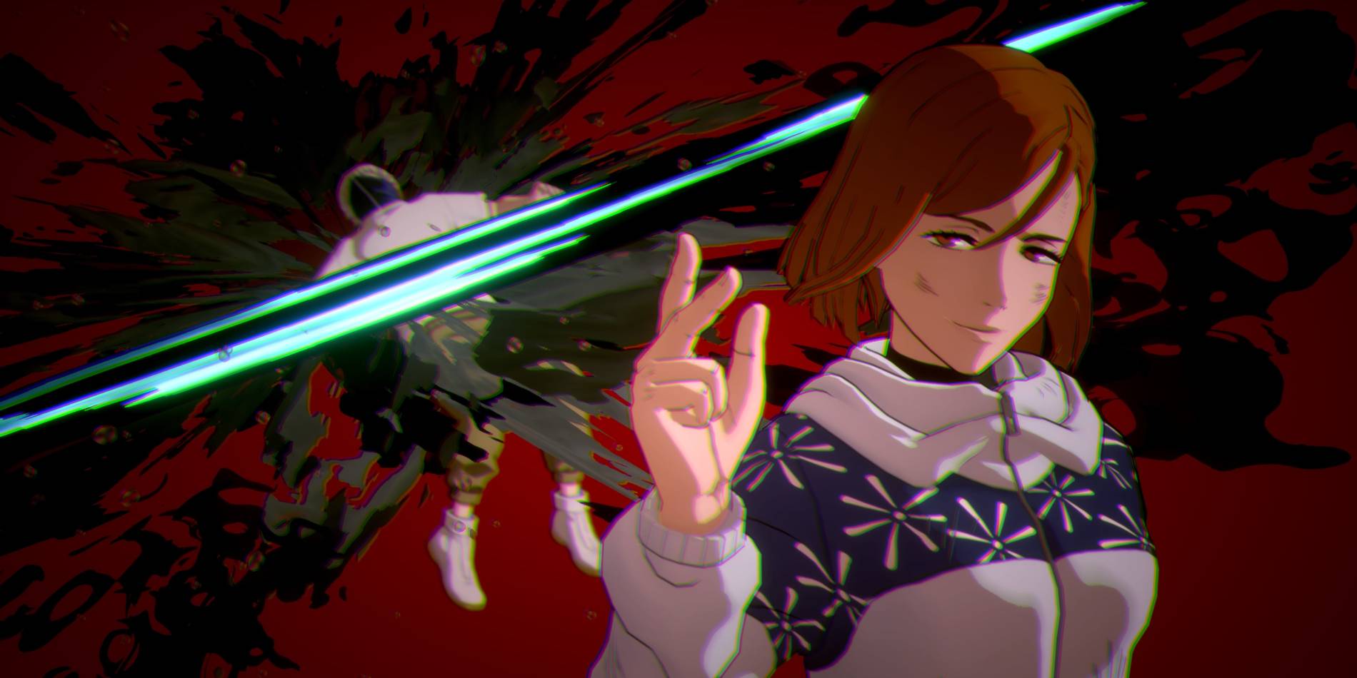 Скриншот из Jujutsu Kaisen Cursed Clash показывает игровой процесс, на котором Нобара использует свой финальный удар, сгибая пальцы и нанося большой синий удар по своему противнику, стоящему за ней.