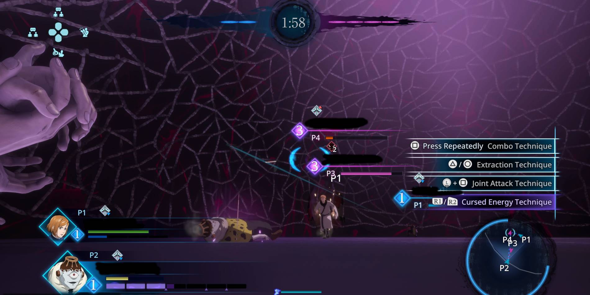 Скриншот из геймплея Jujutsu Kaisen Cursed Clash показывает Domain Expansion Махито, превращающий уровень в темную фиолетовую арену внутри клетки из серых пальцев.