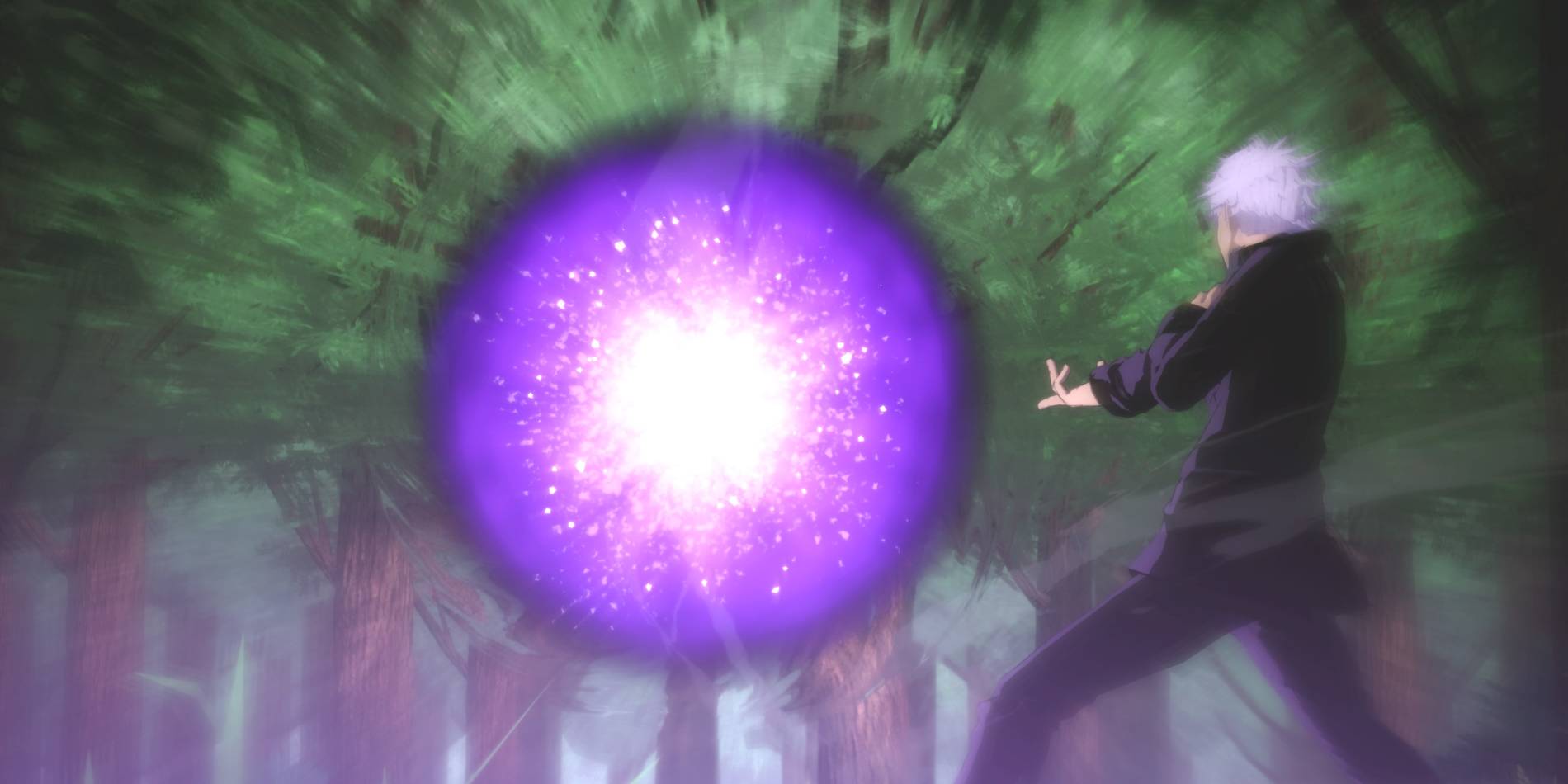 Скриншот из редкого кат-сцены Jujutsu Kaisen Cursed Clash показывает, как Годжо готовится запустить большую, светящуюся фиолетовую сферу.