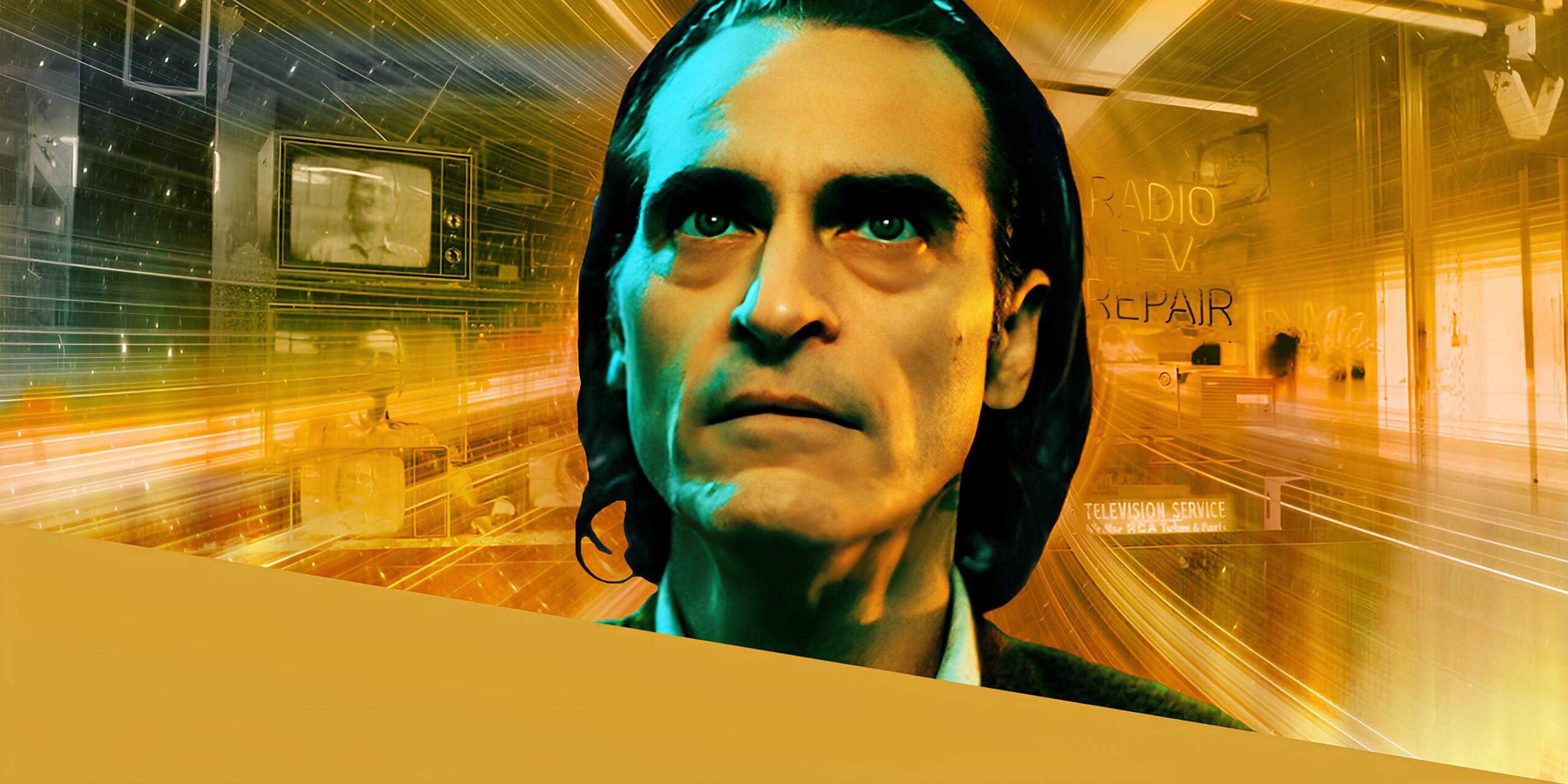 Хоакин Феникс в роли Артура Флека в "Джокере", перед телевизорами и видеомастерской