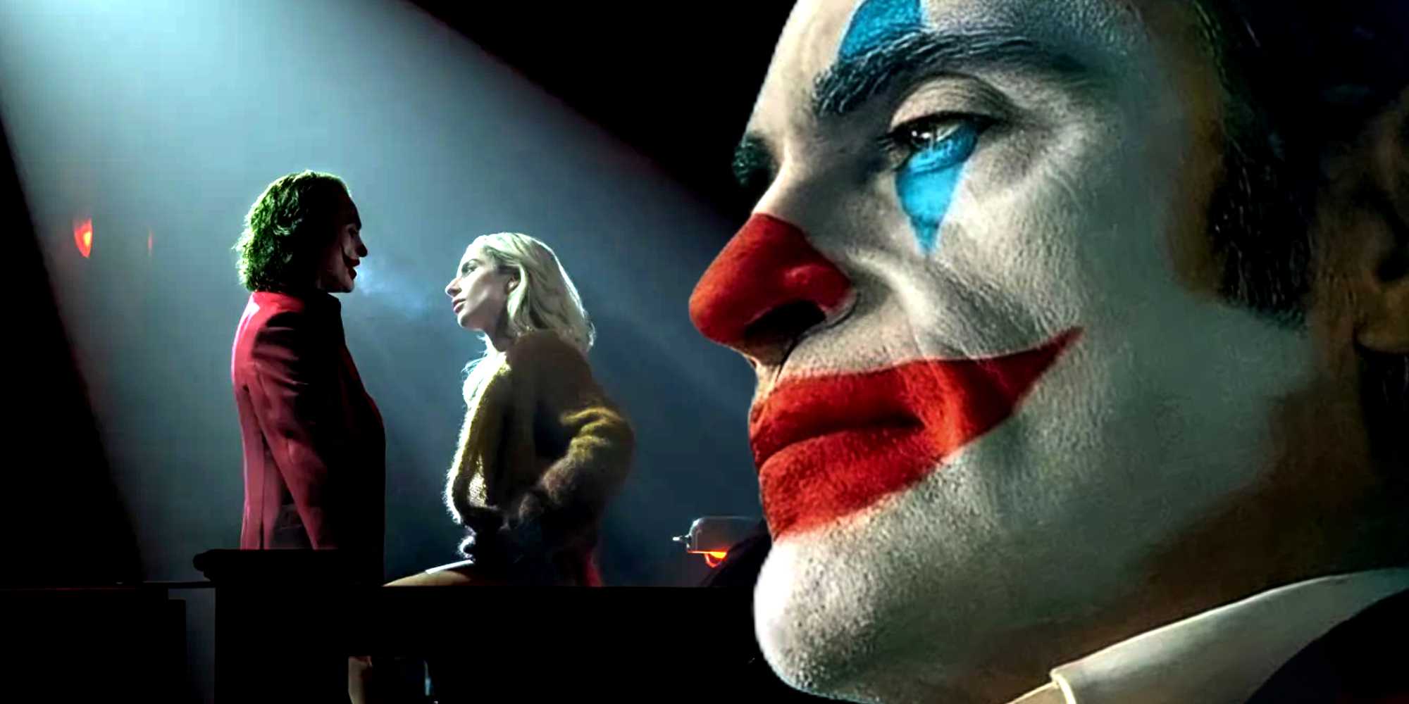 Артур Флек (Джокин Финикс) печально смотрит вдаль и встречается с Харли Квин (Леди Гага) в фильме *Joker: Folie à Deux*