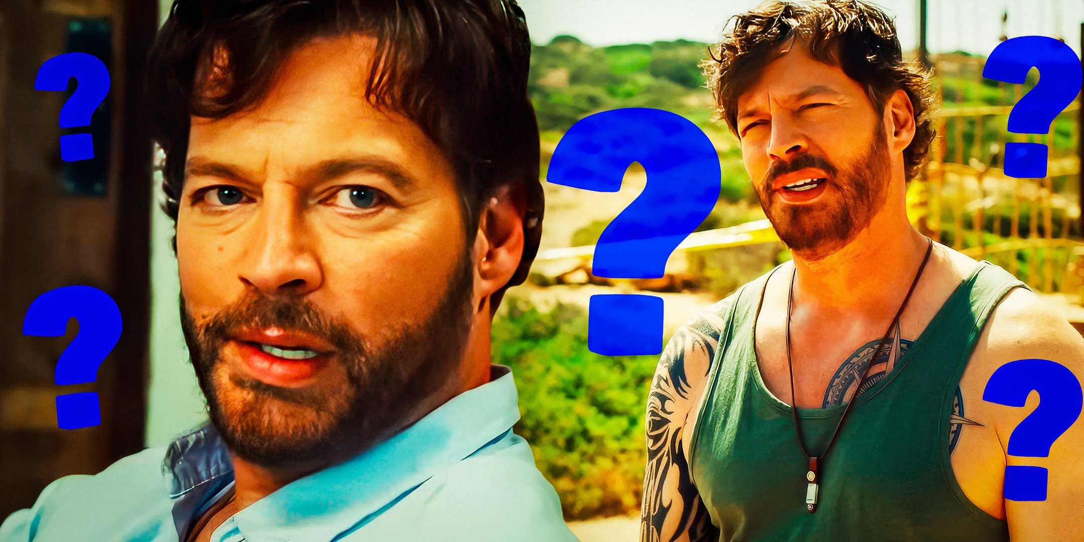 На этой картинке изображен Джон из "Find Me Falling" с голубыми вопросительными знаками вокруг него.