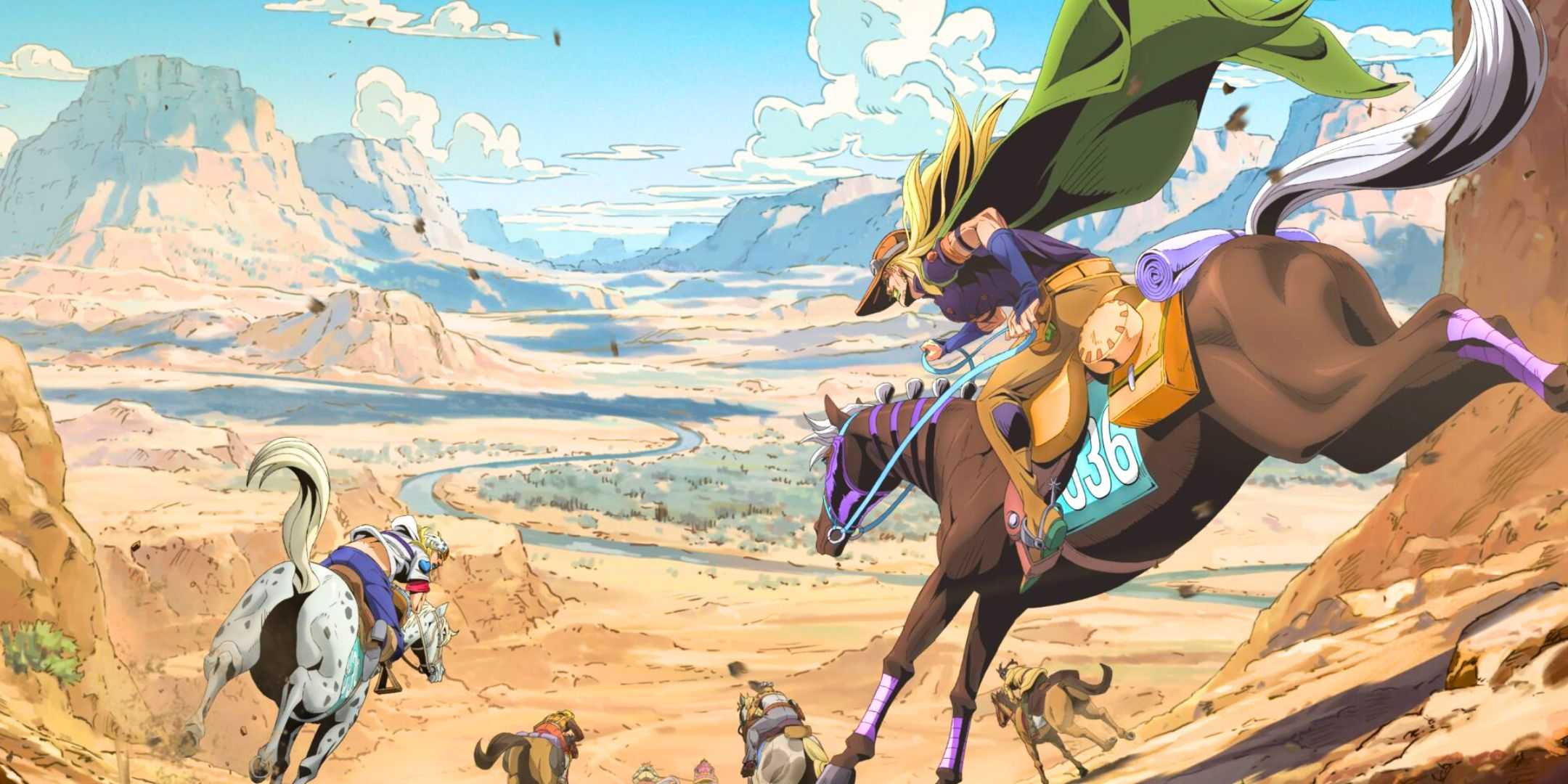 Персонажи из "JoJo's Bizarre Adventure: Steel Ball Run" едут верхом на лошадях на визуальном