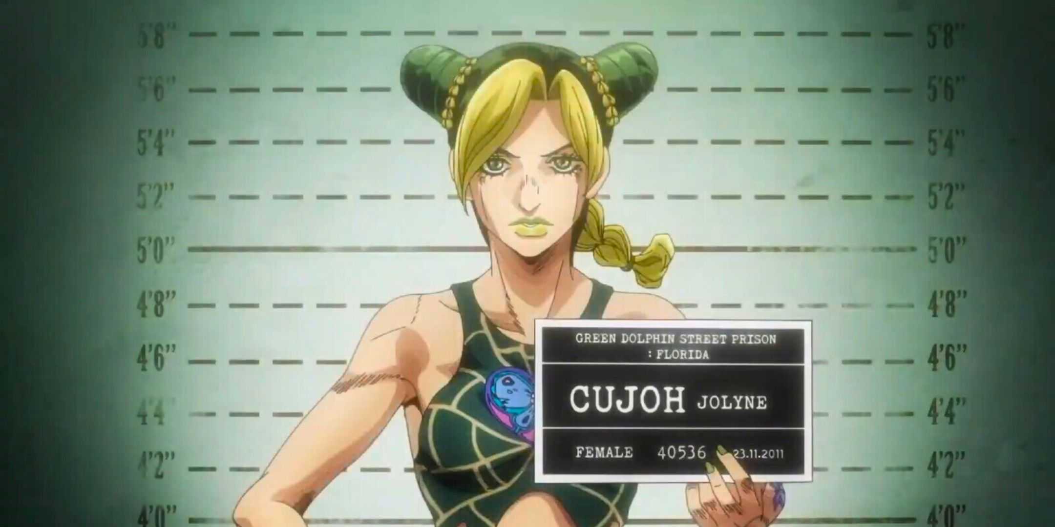 Джолайн Куджо держит доску с фотографиями в «JoJo's Bizarre Adventure: Stone Ocean»