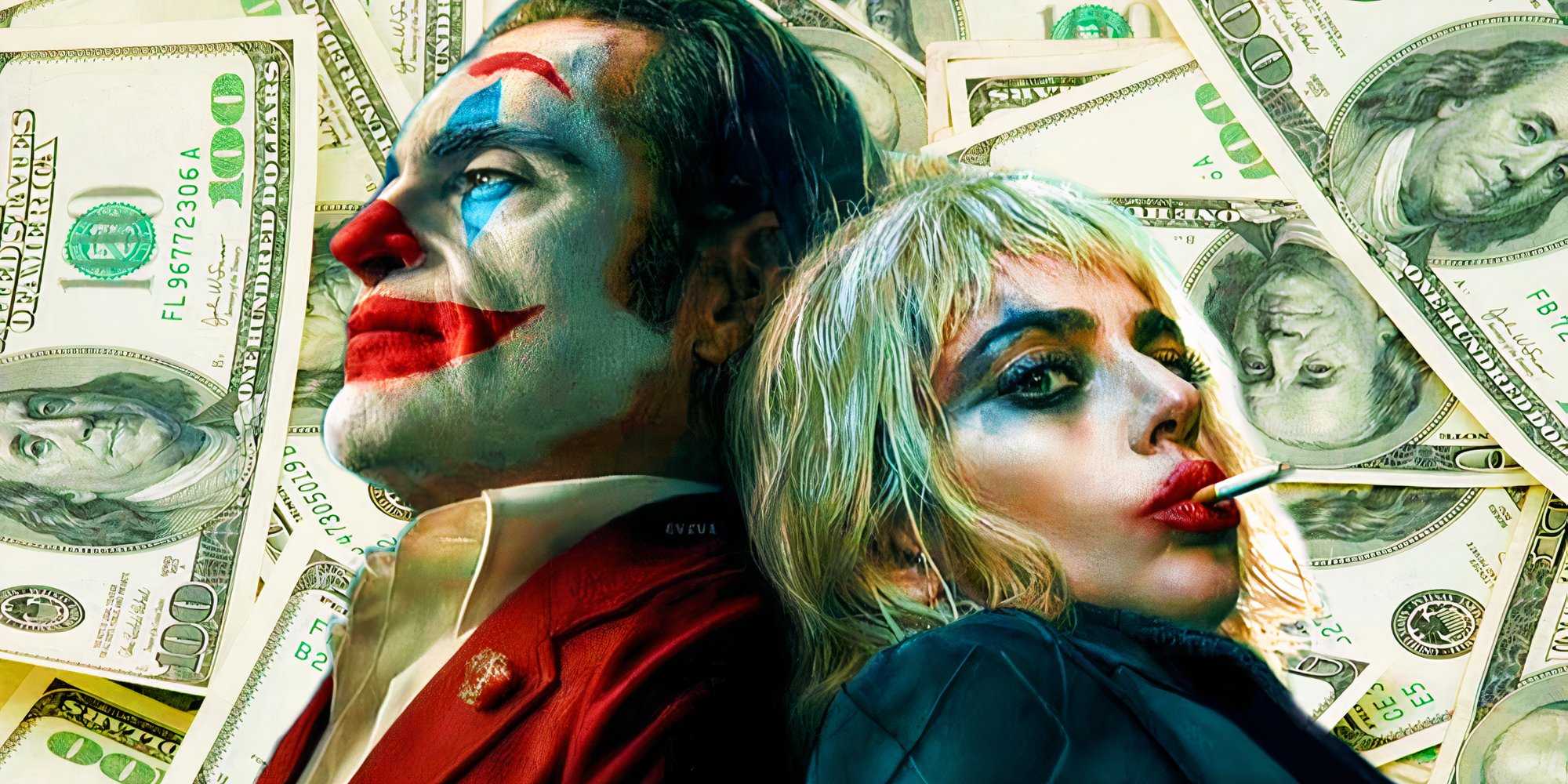 Харли Квин и Джокер из "Джокер: Folie à Deux" (2024) на фоне купюр