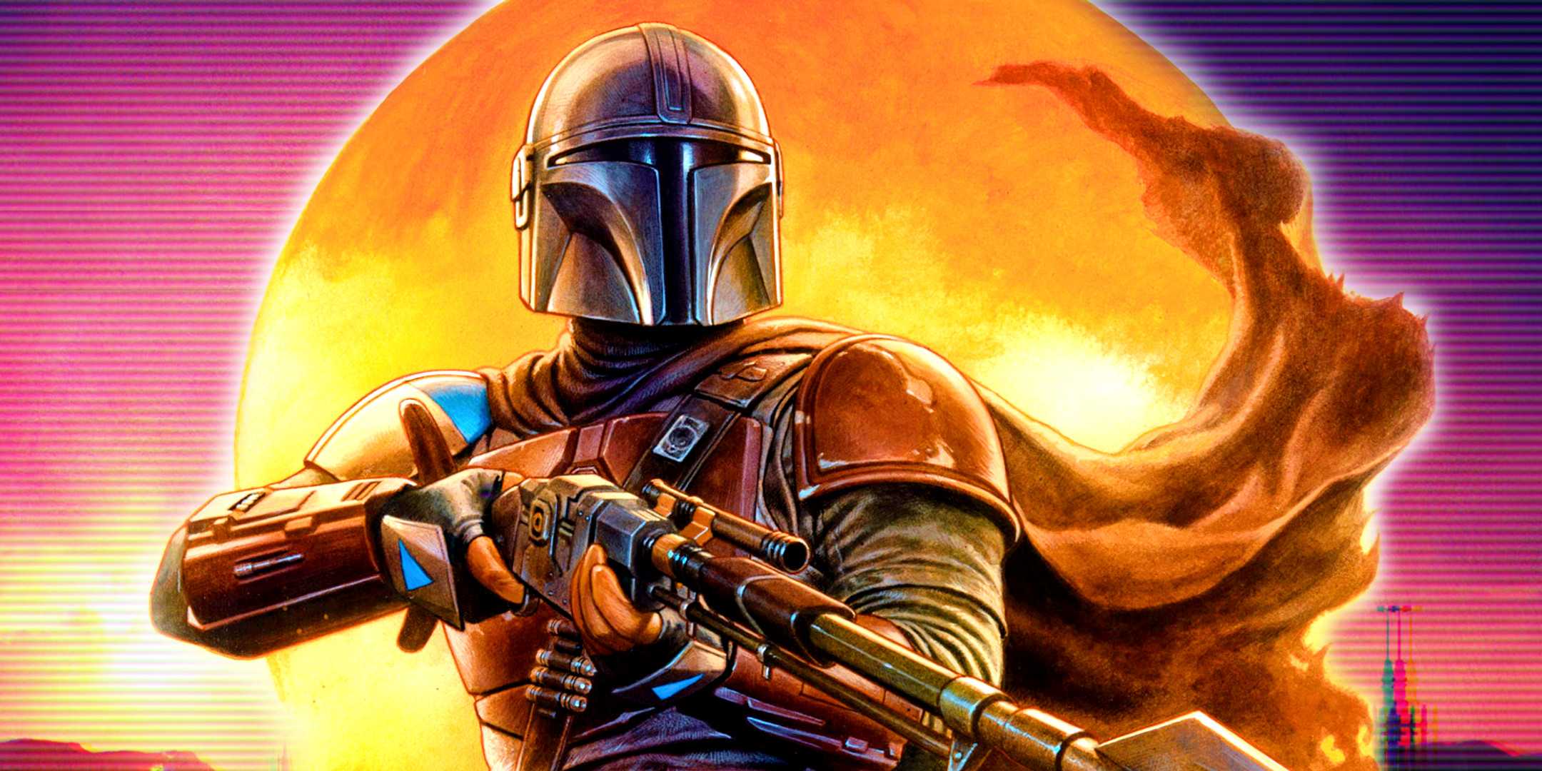 Ключевой арт первого сезона "Мандалорца" с солнцем и изображением Татуина на заднем плане