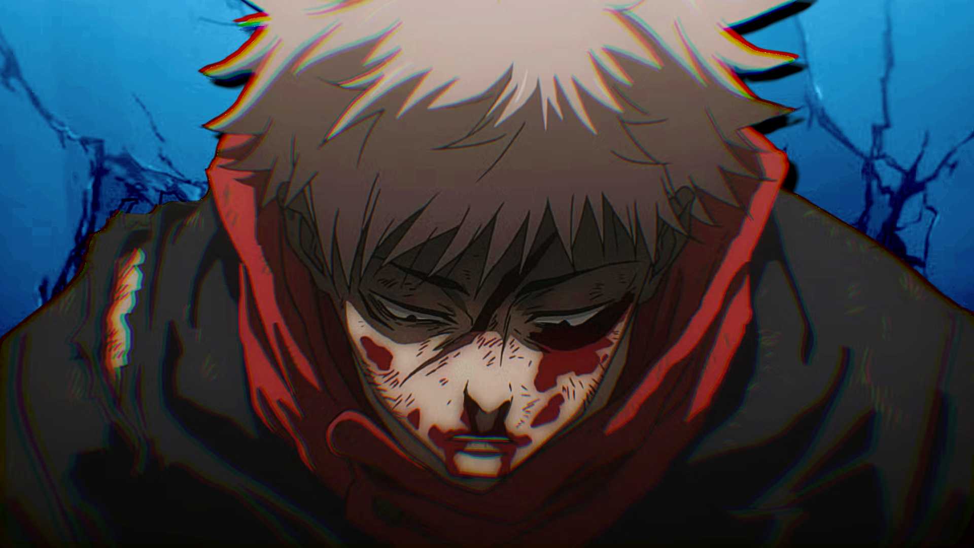 Лицо Юи из "Jujutsu Kaisen" сильно исцарапано, когда он смотрит вниз, безразлично.