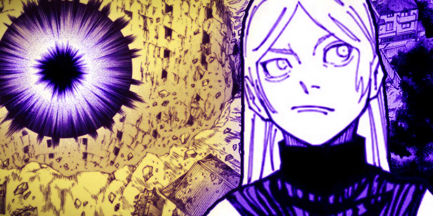 Юки из *Jujutsu Kaisen* перед черной дырой, уничтожающей район.