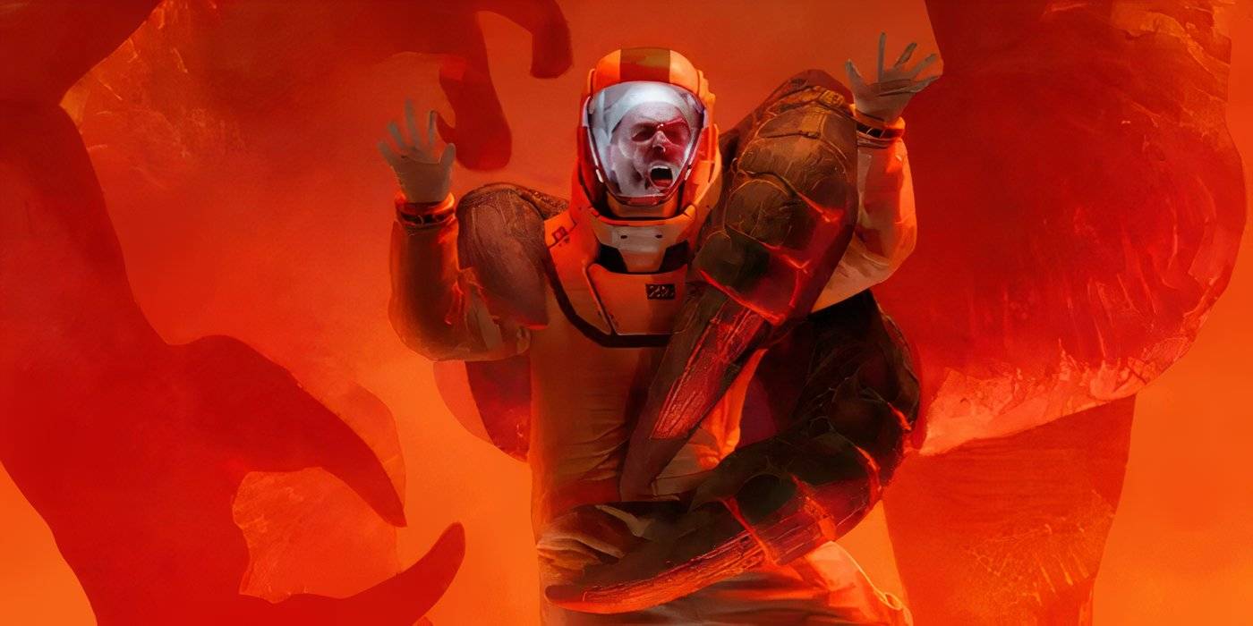 D-Rex хватает человека в костюме и кричащего своим когтем в Jurassic World Rebirth