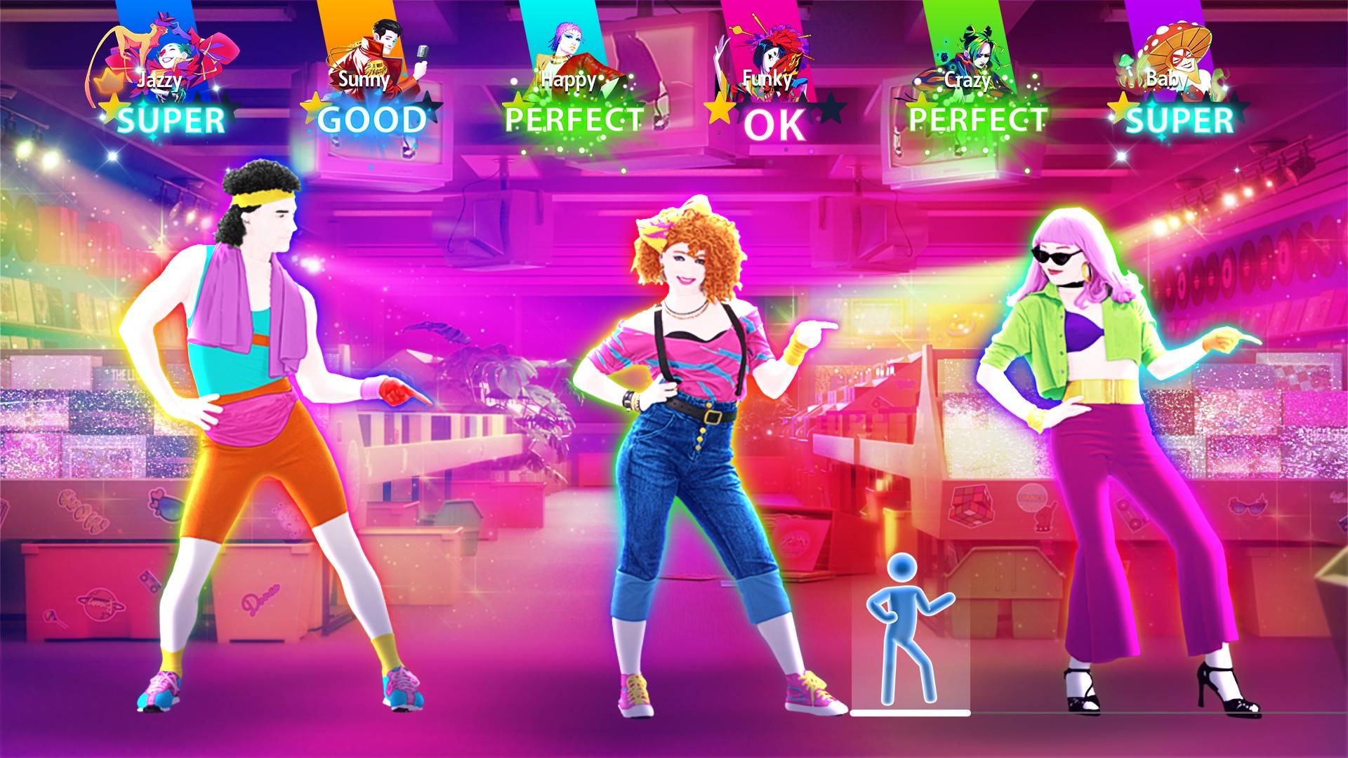 Ритм Just Dance 2024 для песни I Wanna Dance, показывающий 6 пользовательских оценок и 3 тренера в одежде 80-х.