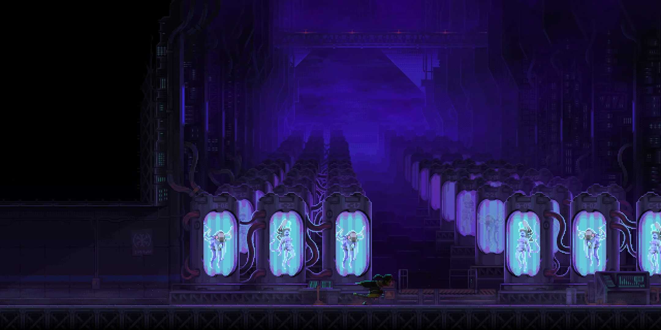 Зеро бежит по комнате, полной людей в водных танках в Katana ZERO.