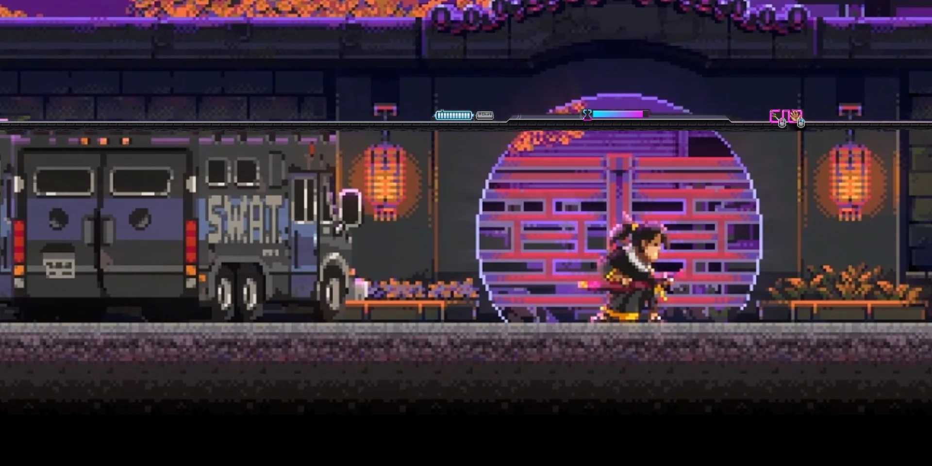 Zero из Katana ZERO стоит рядом с фургоном SWAT.