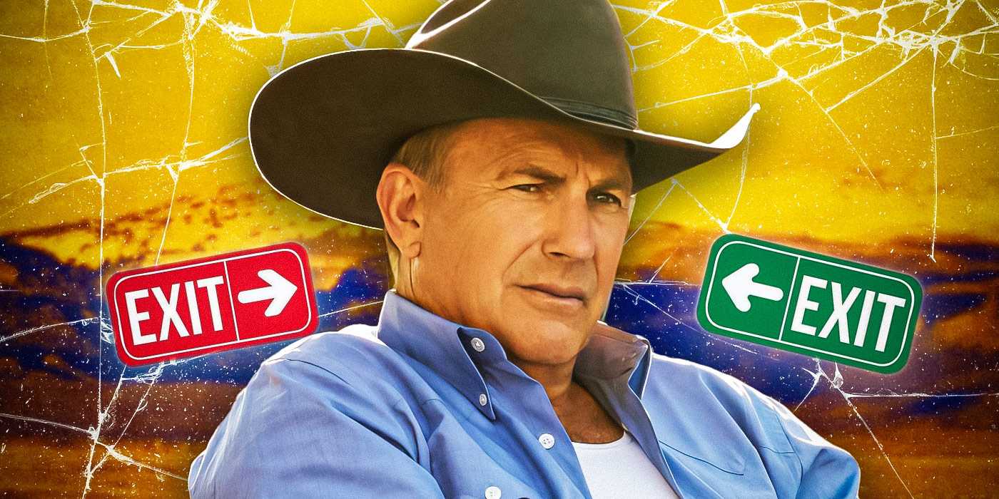 Кевин Костнер в шляпе ковбоя, слева красная табличка "Выход", справа зеленая