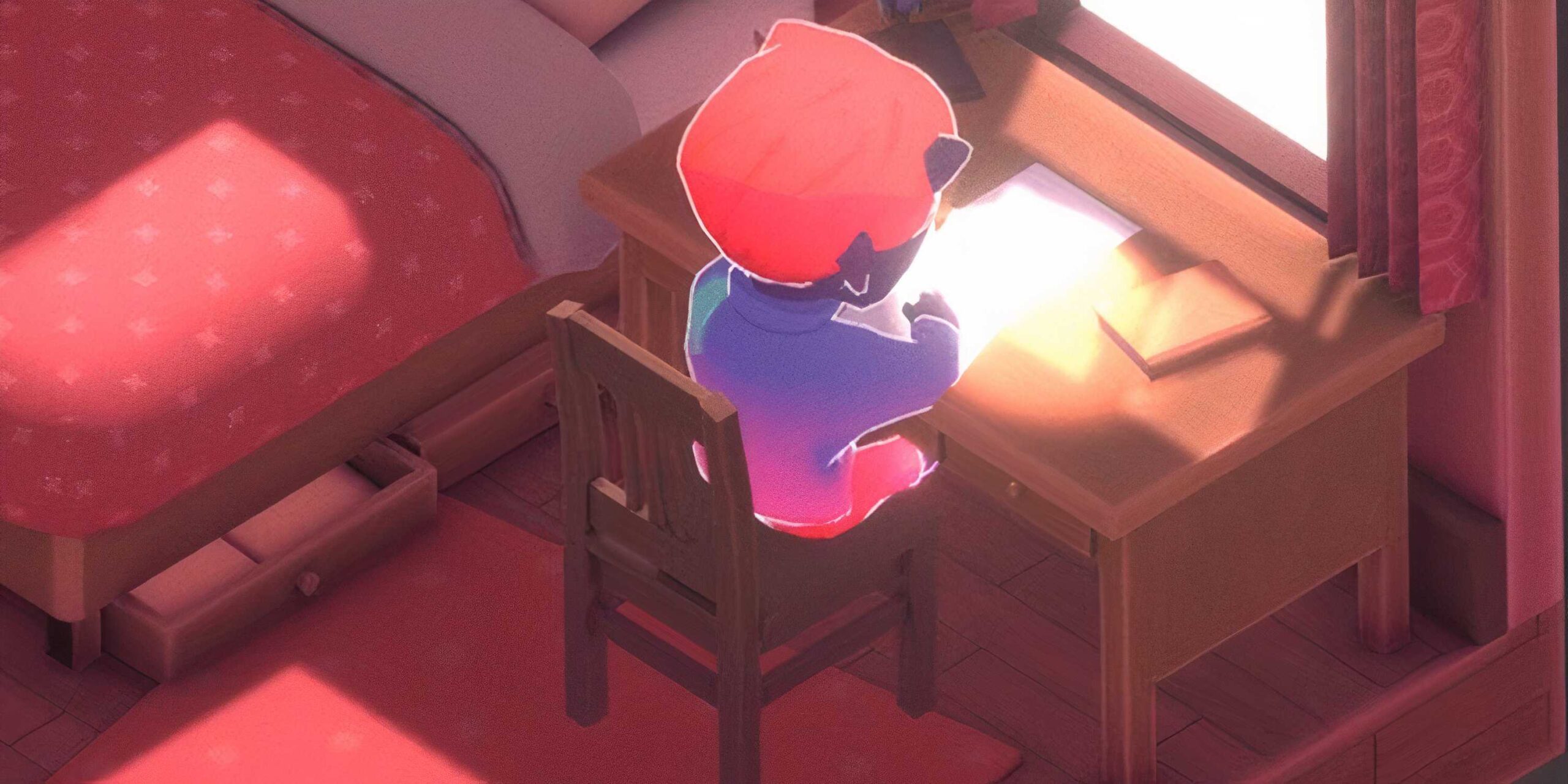 Персонаж из Kind Words читает доброе письмо в уютной комнате 2-1