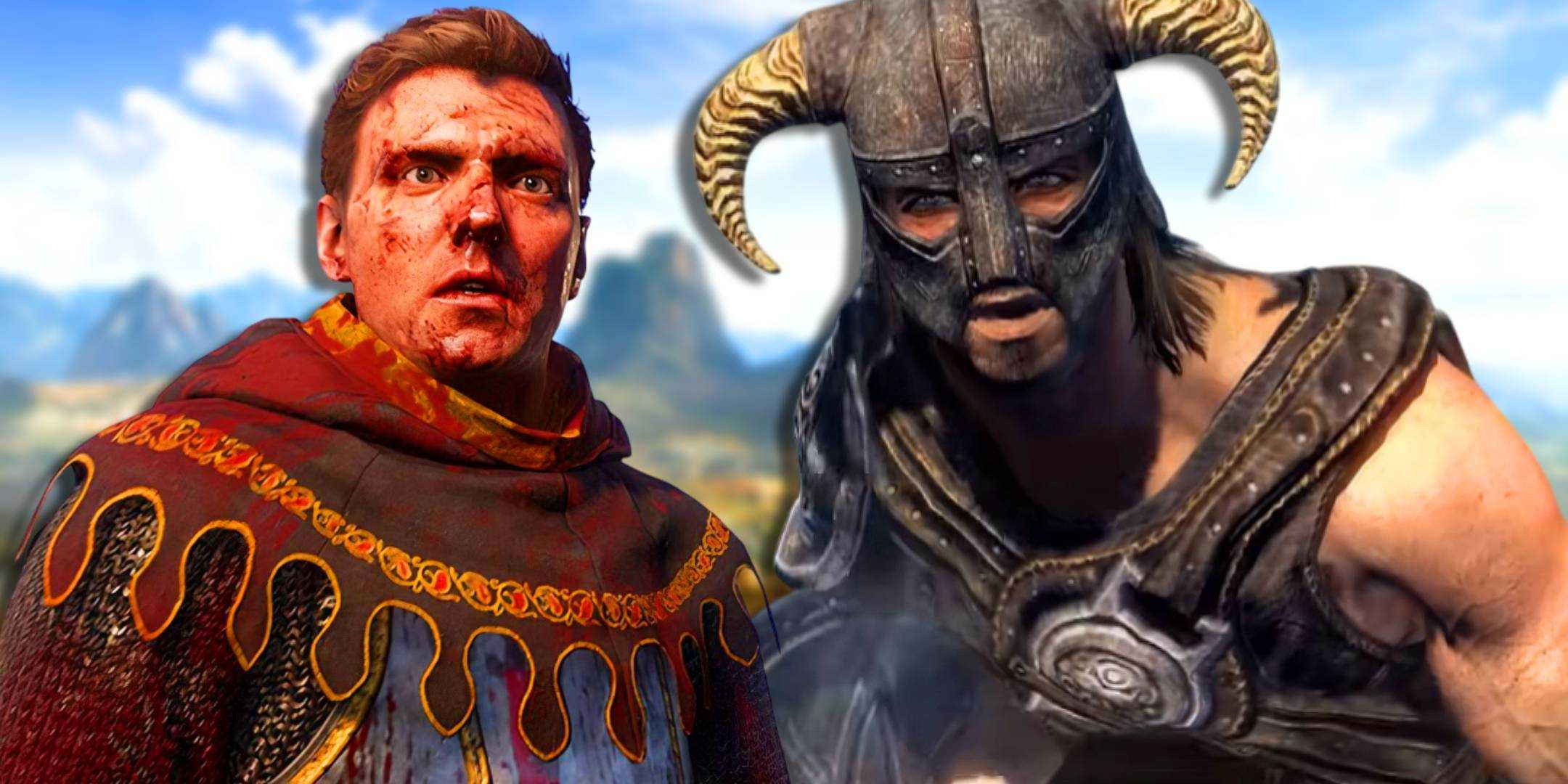 Генри из Kingdom Come: Deliverance 2 рядом с Довакином из Skyrim.