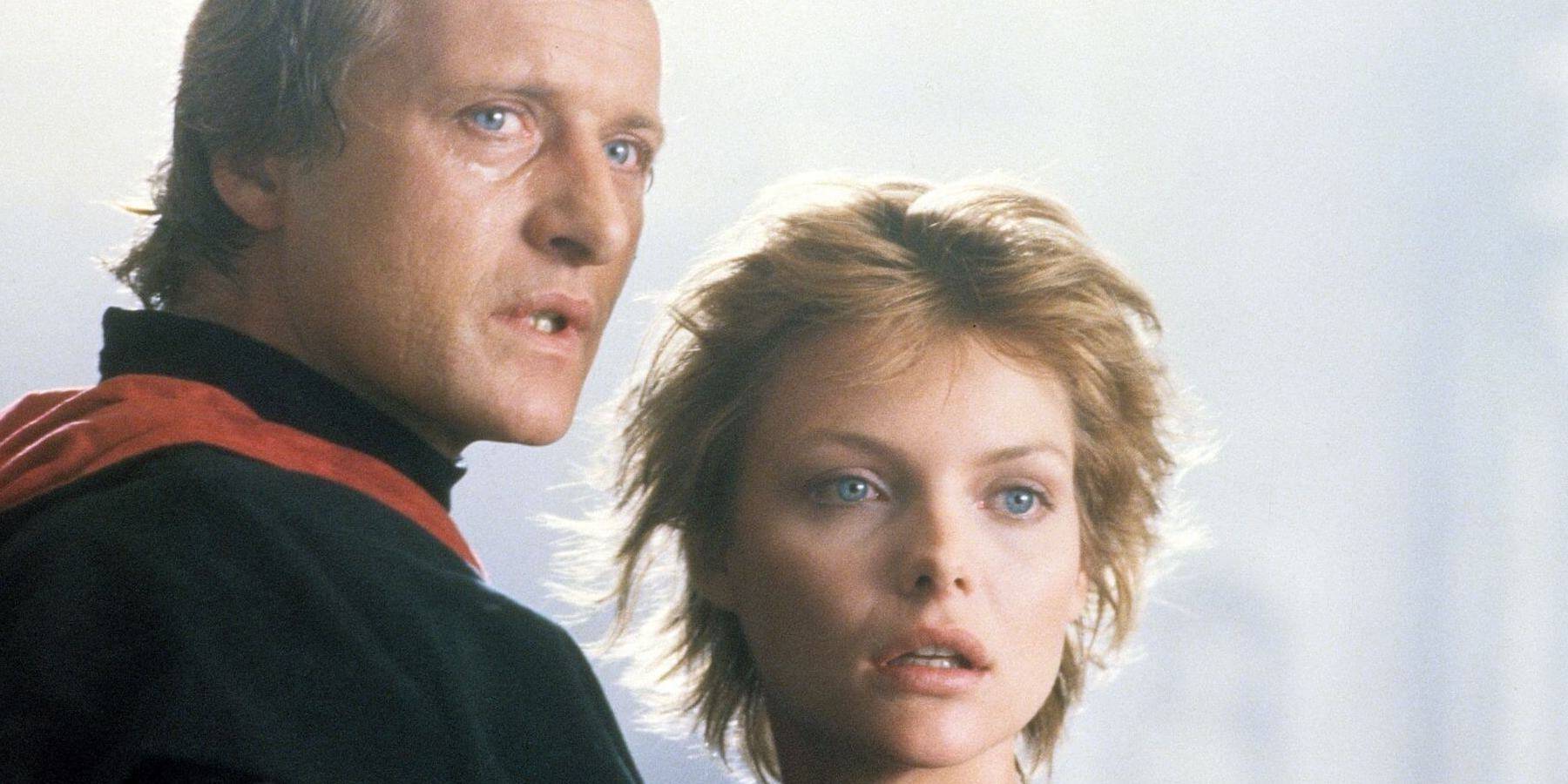 Мишель Пфайффер в роли Изабеллы и Мэттью Бродеррик в роли капитана Этьенна Наварра в фильме "Ледихоук".