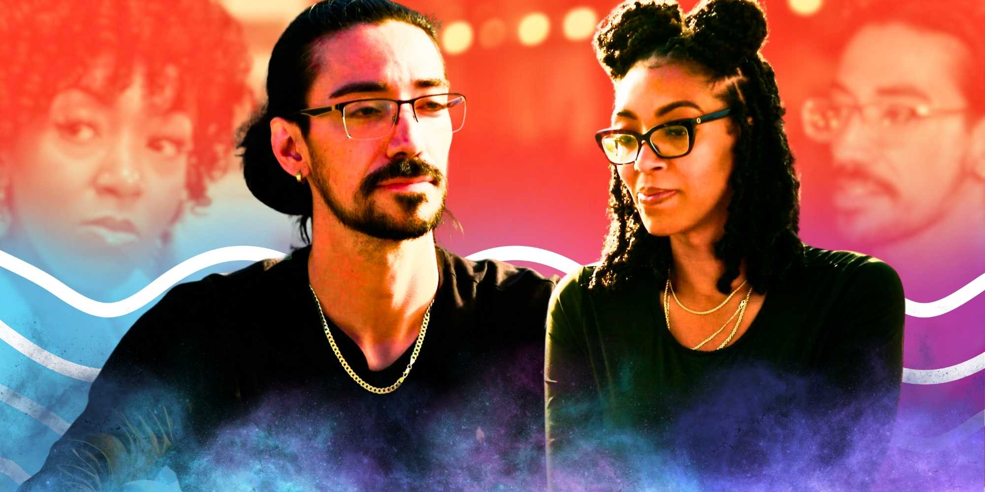 Лорен и Орио из Married at First Sight 17-го сезона, выглядящие расстроенными (монтаж)