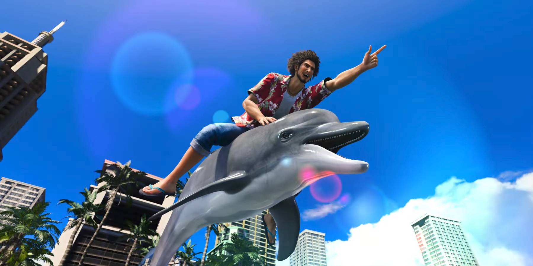 Касуга катается на дельфине в небе, указывая вперед, скриншот из Like a Dragon: Infinite Wealth.
