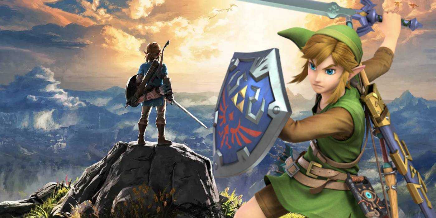 Линк с мечом и щитом из разных эпох.