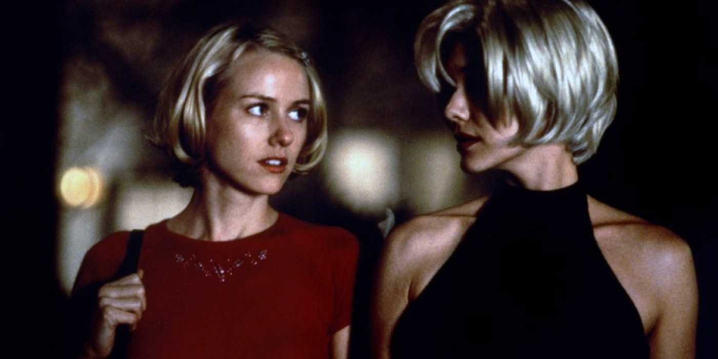 Ноар-фильм Дэвида Линча "Mulholland Drive". Бетти и Рита стоят рядом, обе с светлыми волосами.