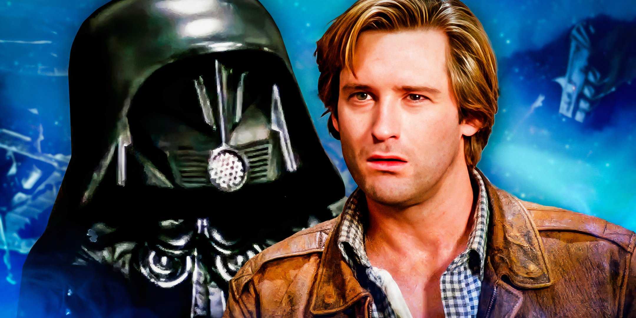Композитное изображение Dark Helmet и Lone Starr, смотрящих на синий фон из Spaceballs