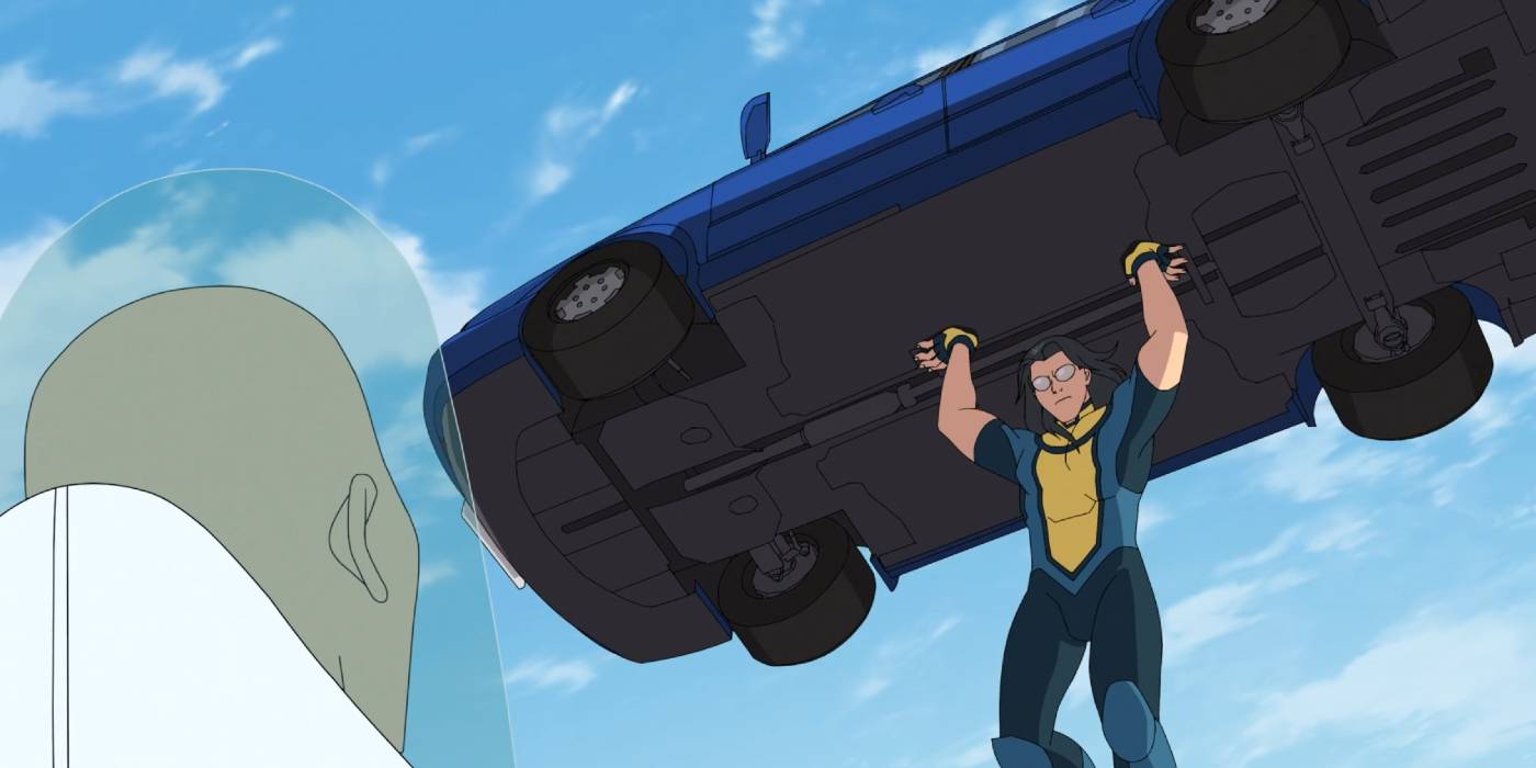 Long-Haired Invincible поднимающий машину над головой в 3 сезоне *Invincible* (2025)