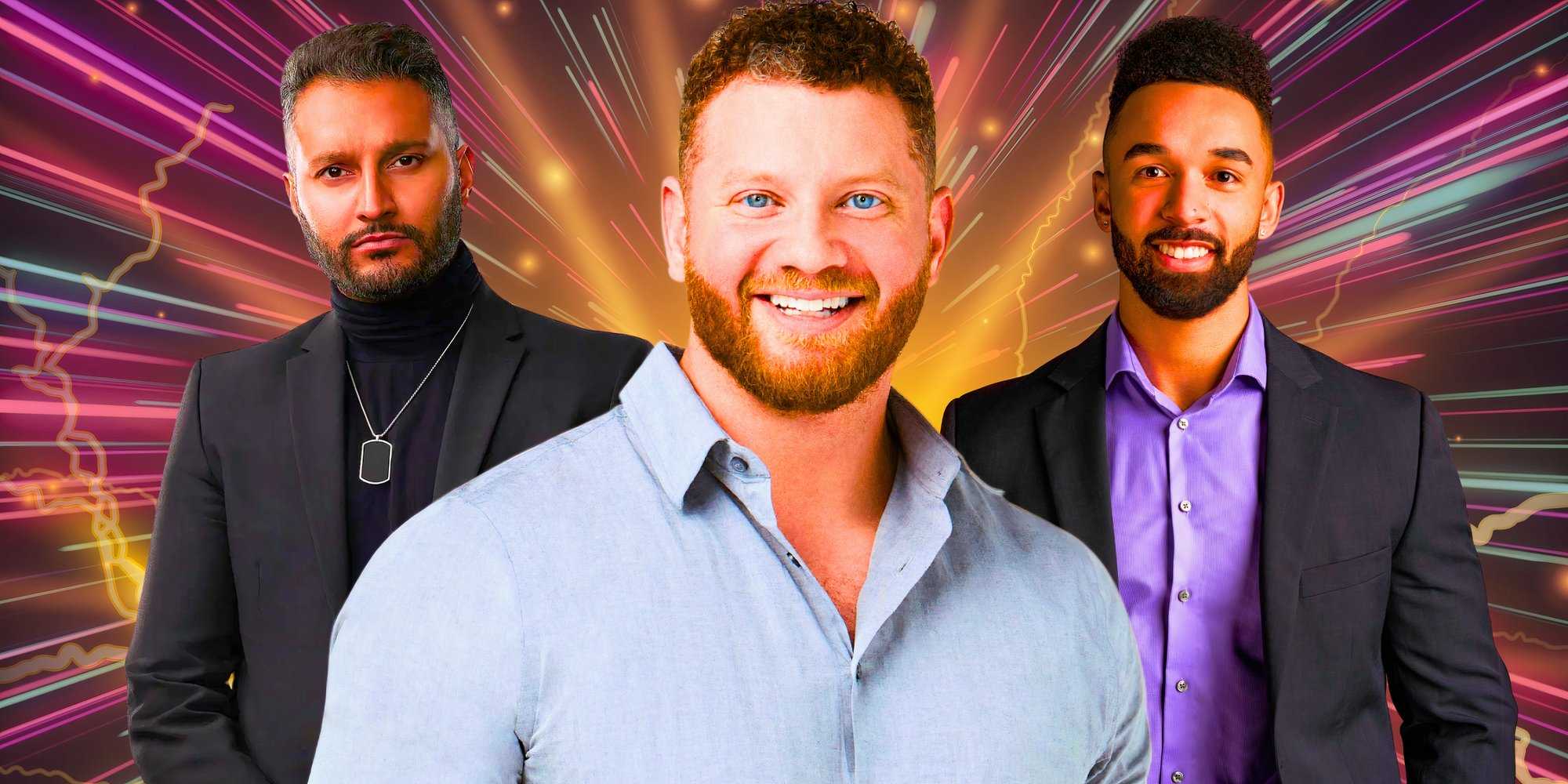 Члены актерского состава "Love Is Blind": Стивен Ричардсон, Абхишек "Шейк" Чаттерджи и Бартиз Боуден в монтаже с лазерным фоном