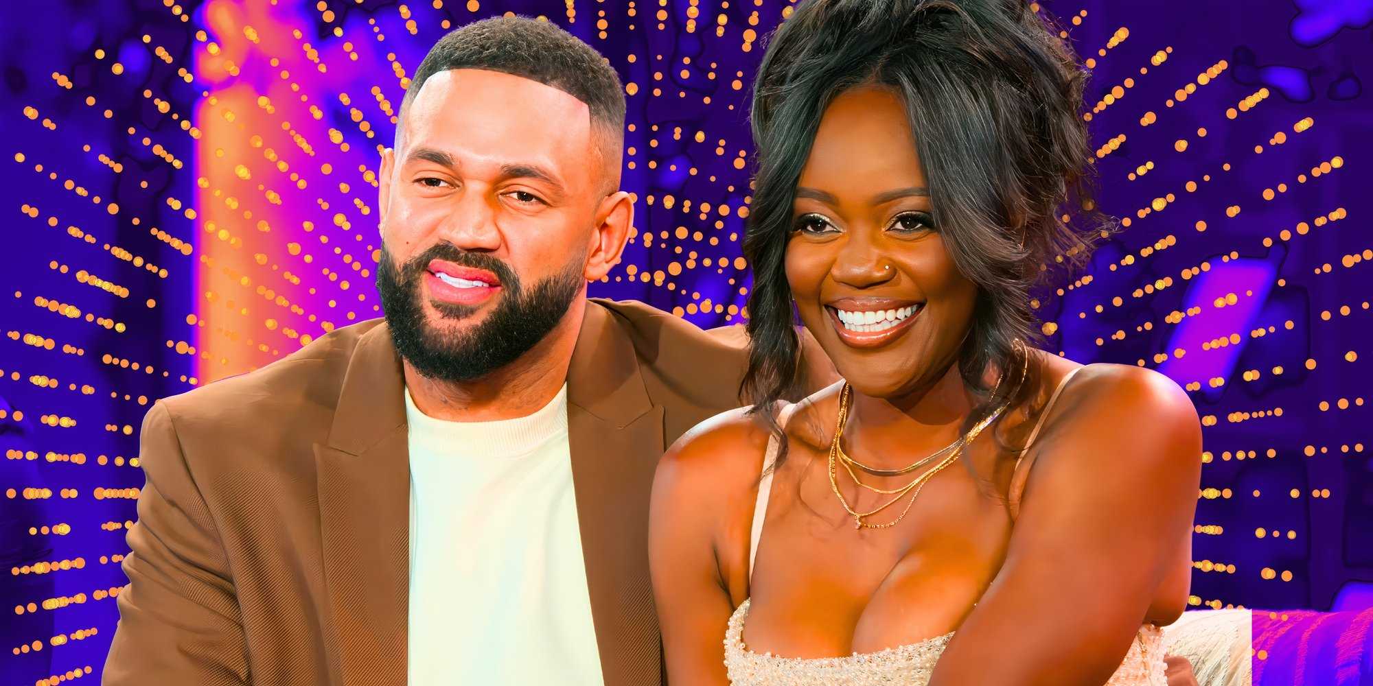 Олли Сазерленд и АД Смит улыбаются вместе на фоне фиолетового и золотого цветов. Love Is Blind