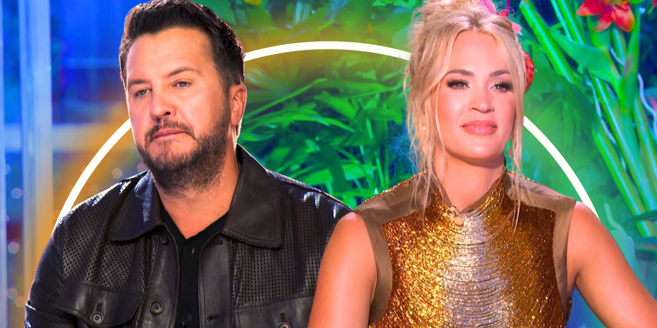 Лука Брайан и Карри Ундервуд, судьи "American Idol", с серьезными выражениями лиц перед зелеными растениями