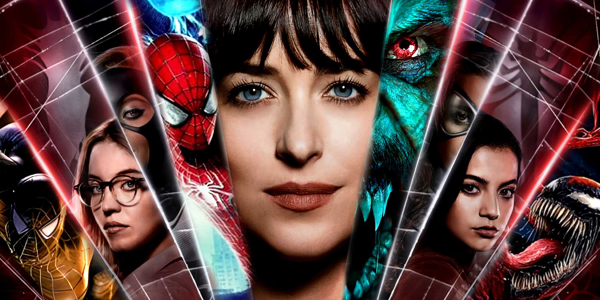 Настраированная картинка постера *Madame Web* с добавленными персонажами: Веном, Человек-паук и Морбиус